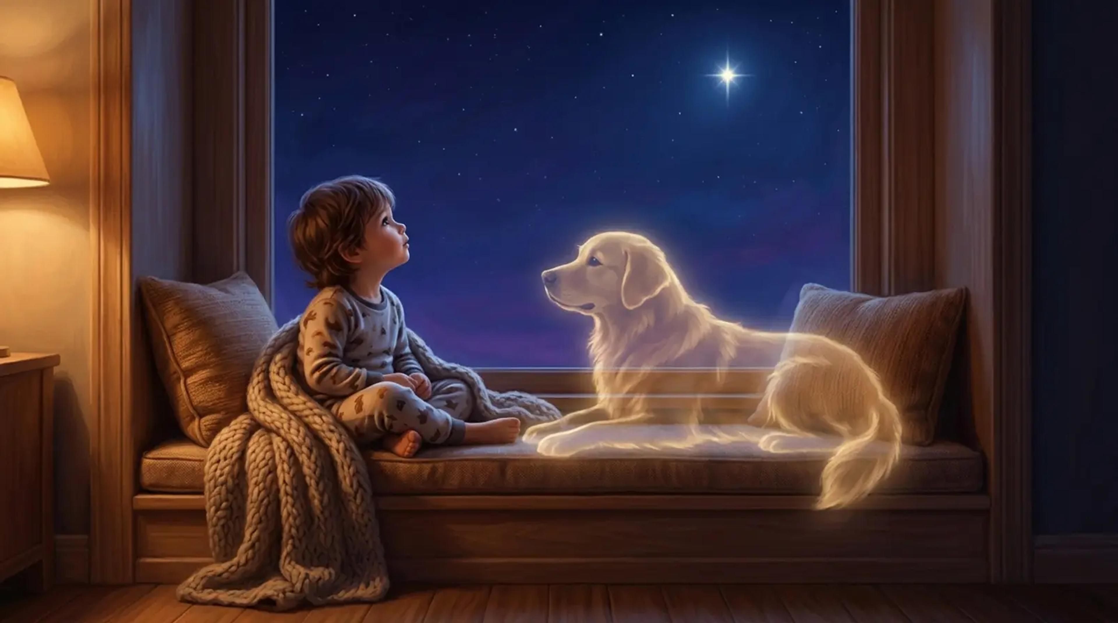 Ein Kind, das in den Sternenhimmel schaut, neben ihm die schützende Silhouette eines Hundes aus Licht.