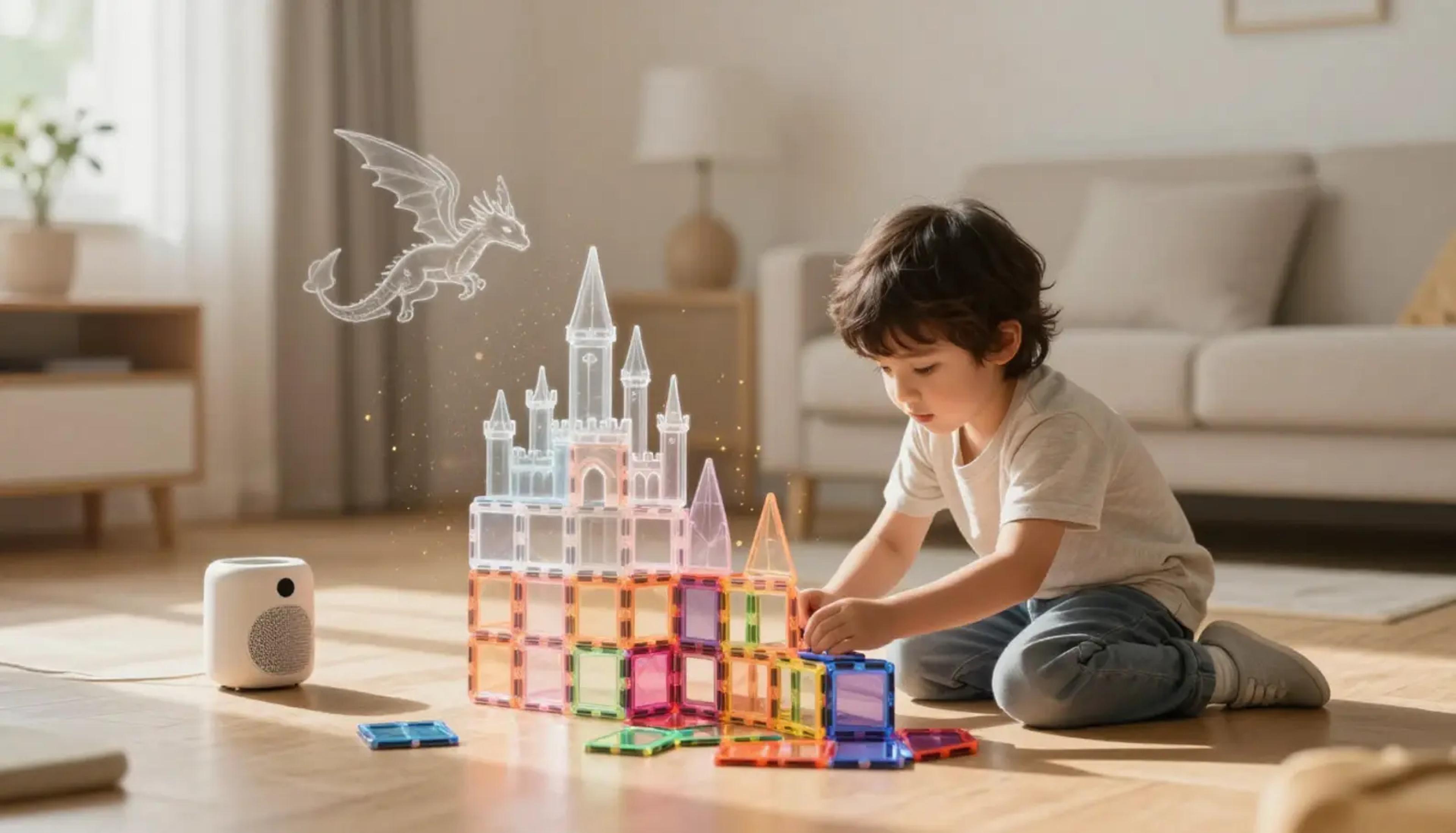A child playing with magnetic tiles on a rug while listening to an audio story, showing deep focus.