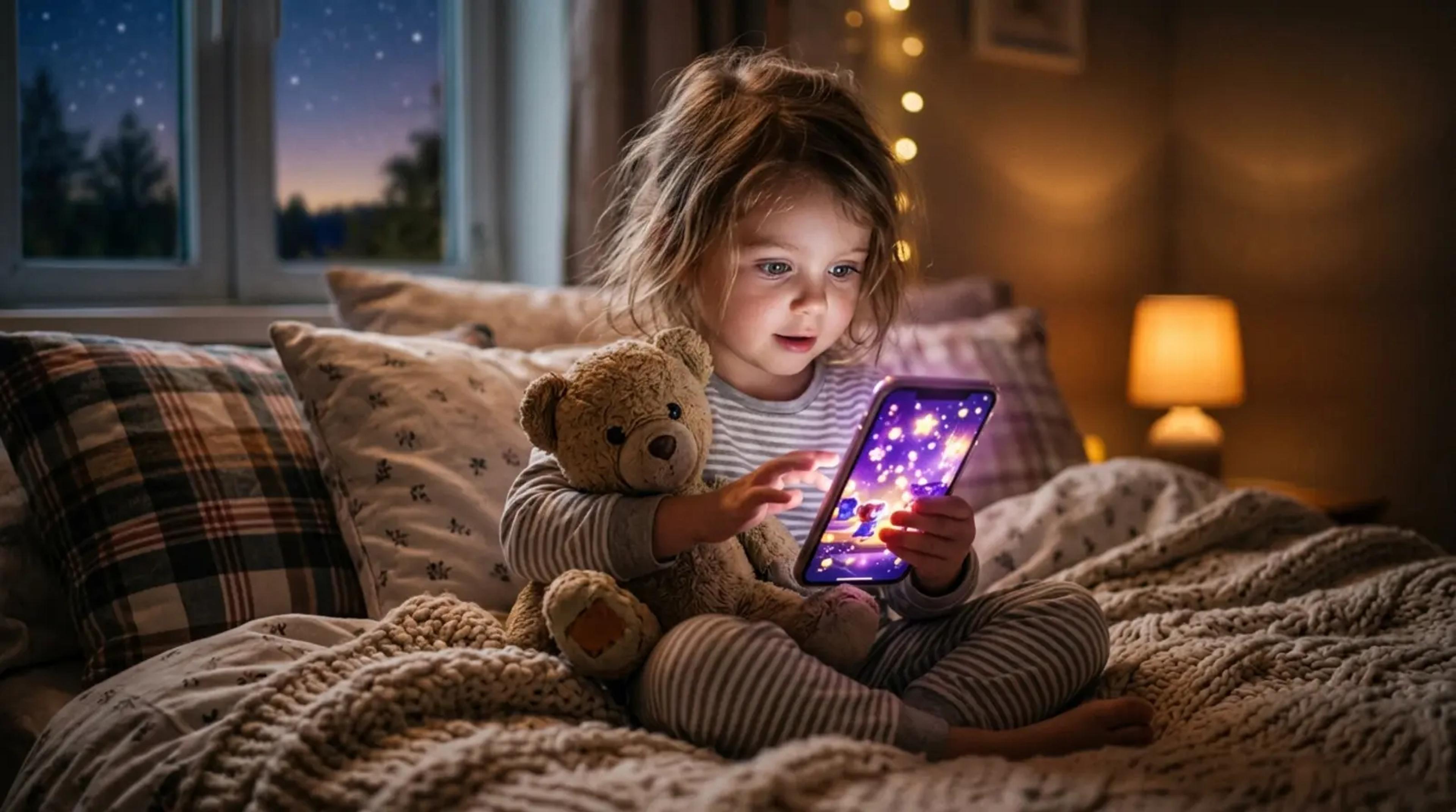 A child sitting on a bed holding a teddy bear while listening to a story, with a magical glow coming from a phone.
