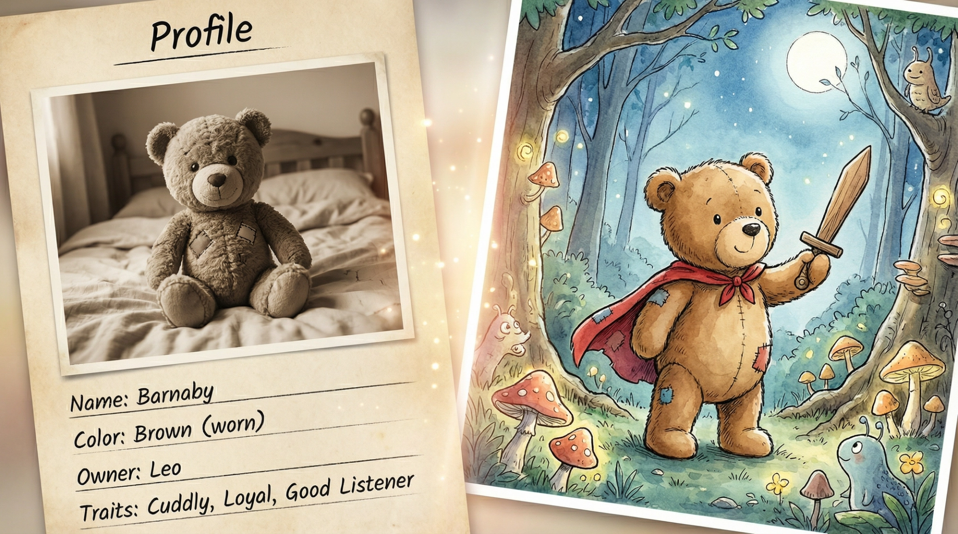 A character profile for 'Barnaby' the bear next to a custom watercolor illustration showing the same bear as a hero with a sword and cape in a moonlit forest.