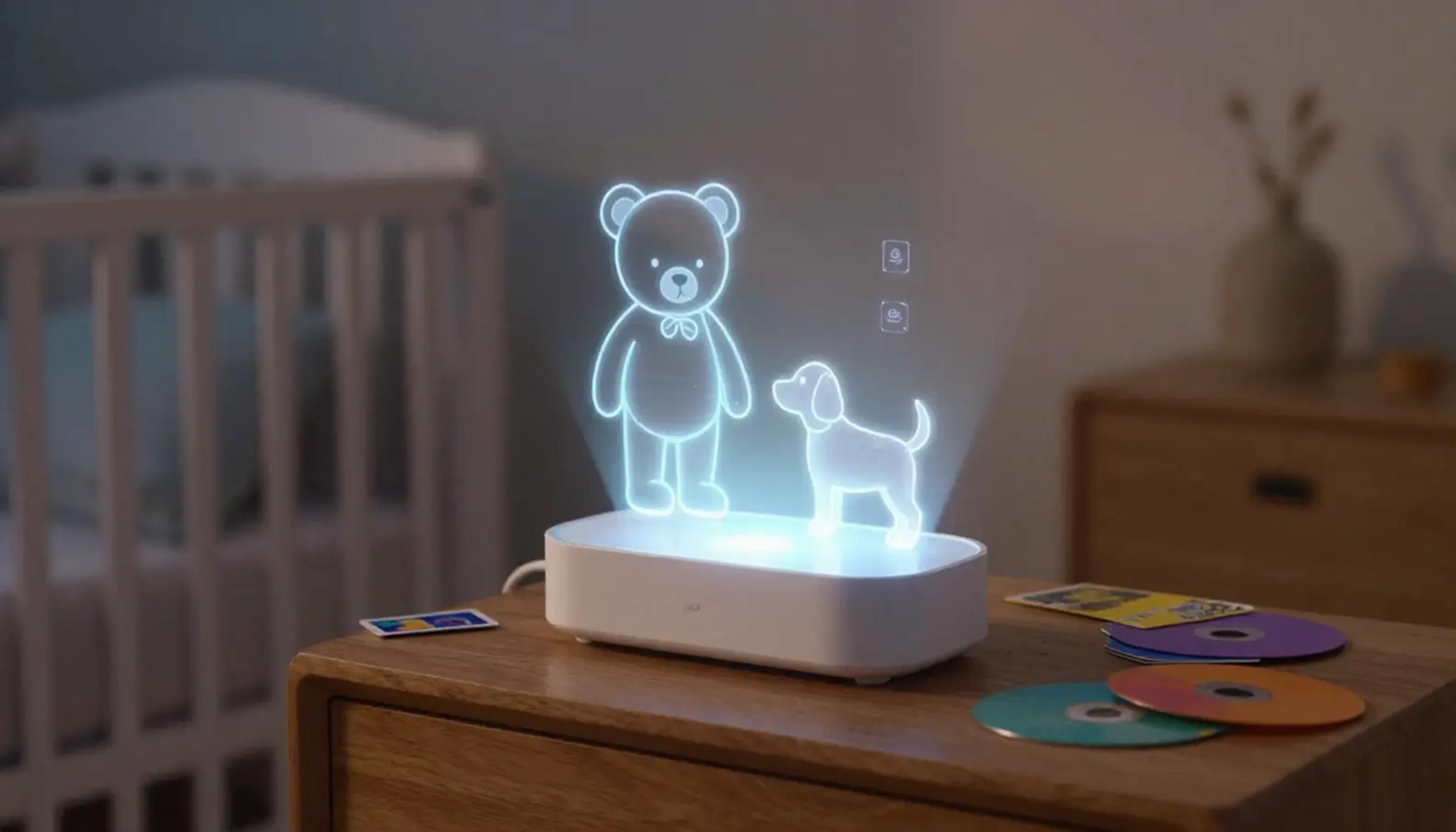 A child sitting in a cozy reading nook surrounded by various screen-free audio players and a glowing tablet showing personalized story options.