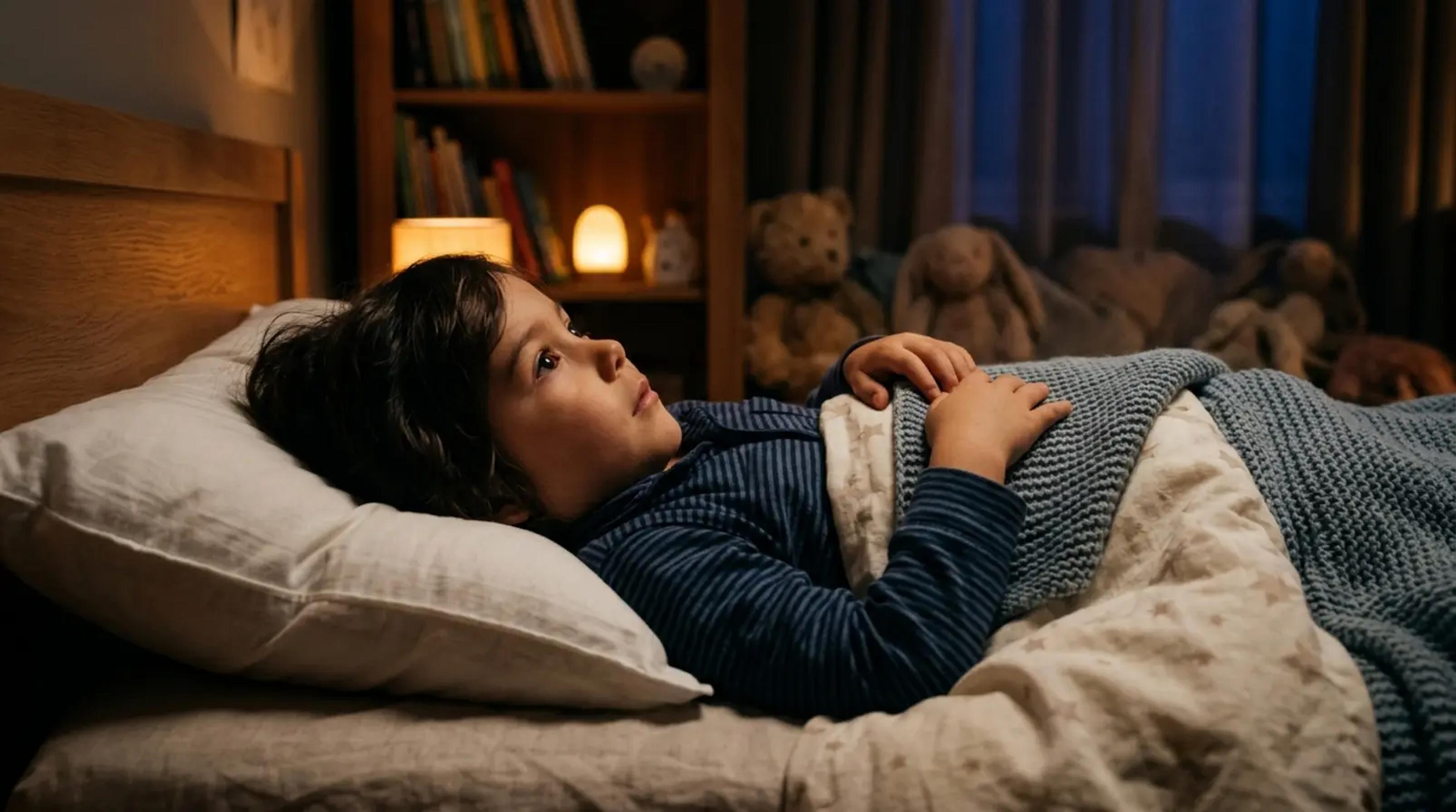Ein kleines Kind liegt friedlich im Bett mit offenen Augen und hört in einem gemütlichen, schwach beleuchteten Zimmer einer Geschichte zu.