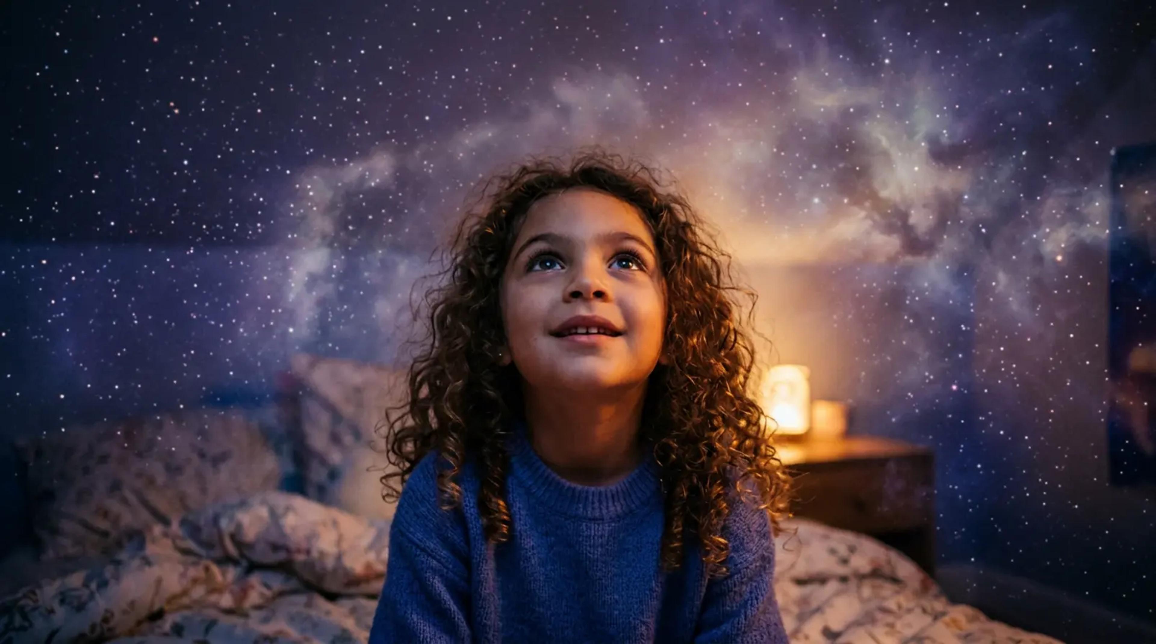 A young child looking up in amazement at a glowing starlit sky inside their bedroom.