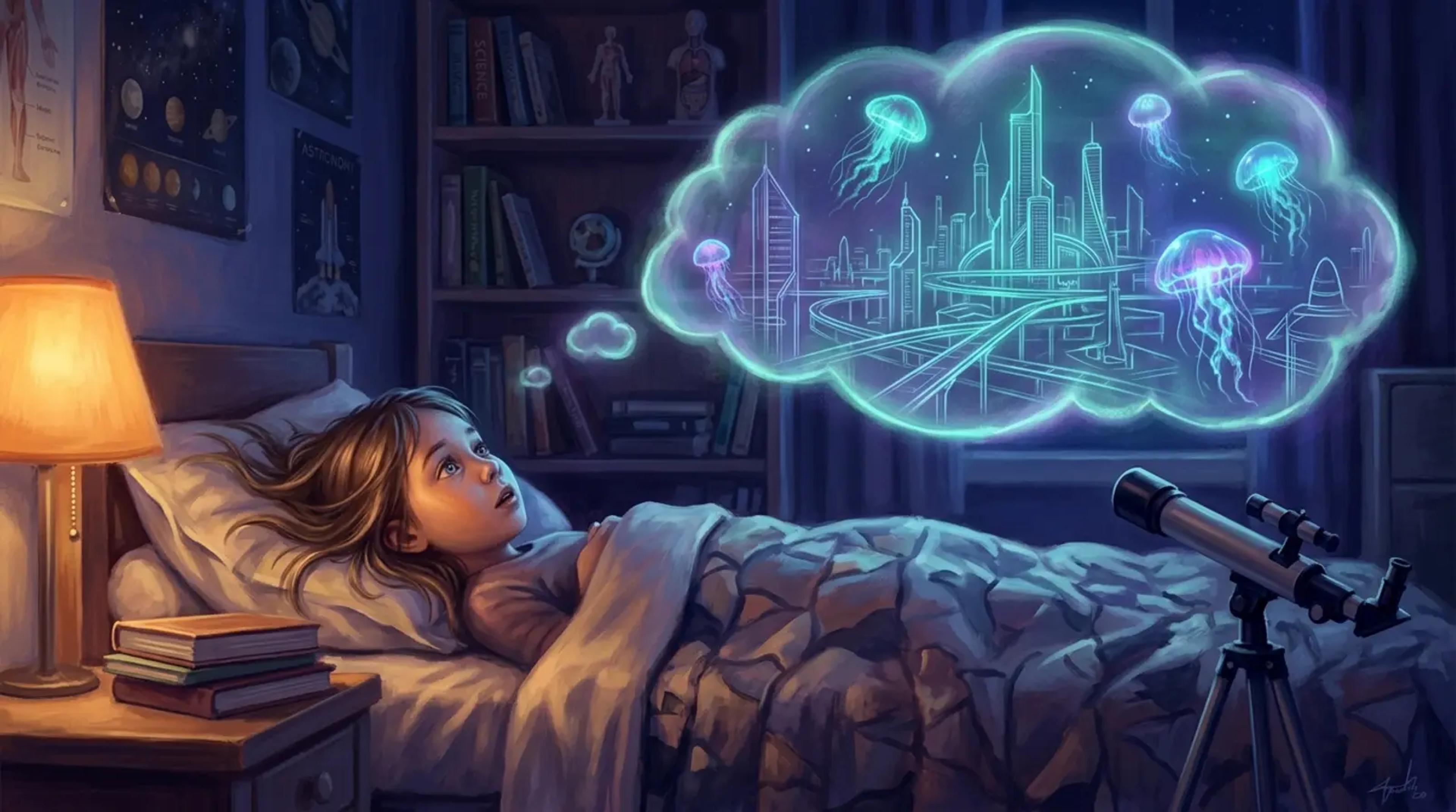 A thoughtful child lying in bed with a glowing cloud of complex ideas like spaceships and sea creatures above them, representing a racing mind.
