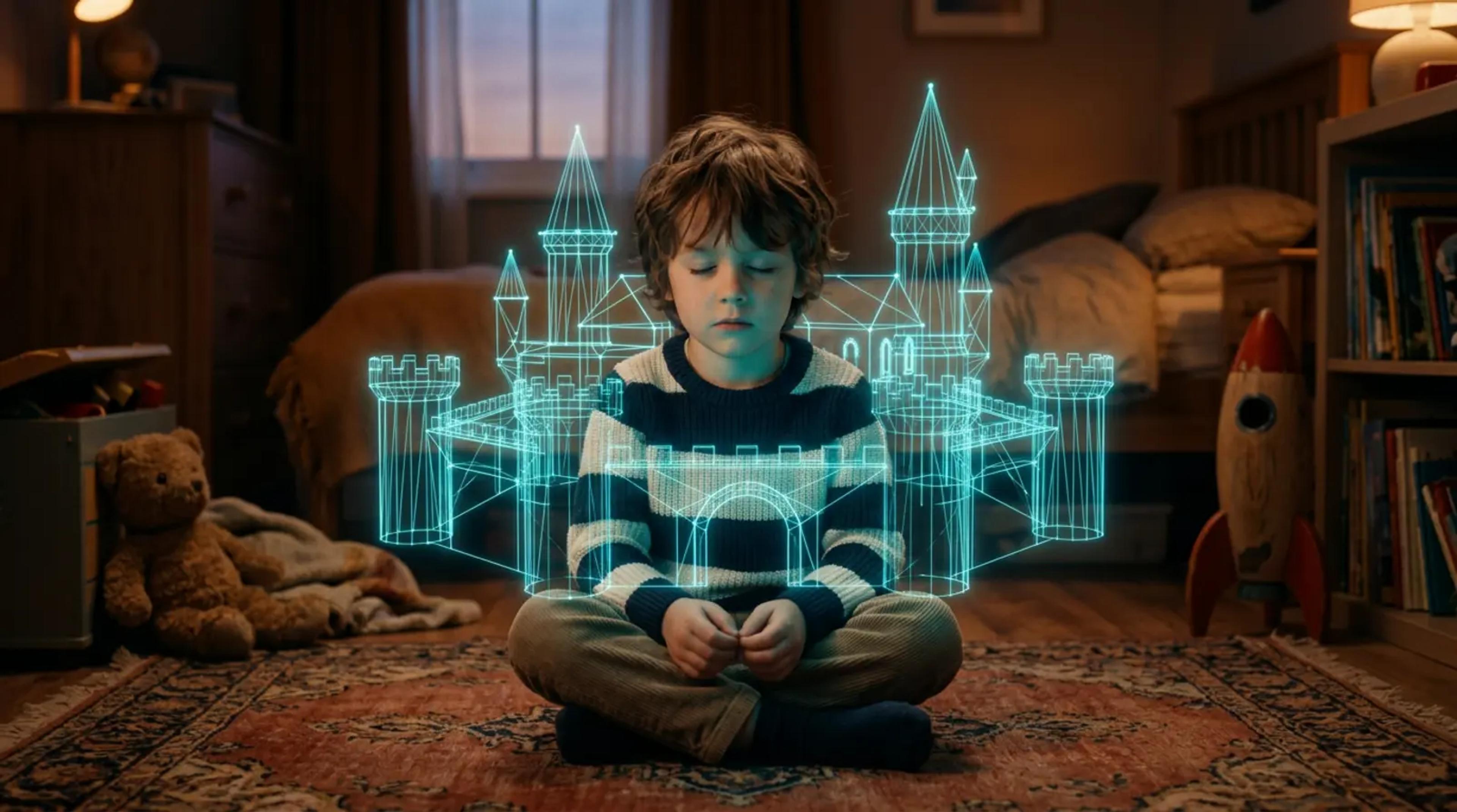 A child with eyes closed, imagining a glowing 3D geometric castle in their mind.