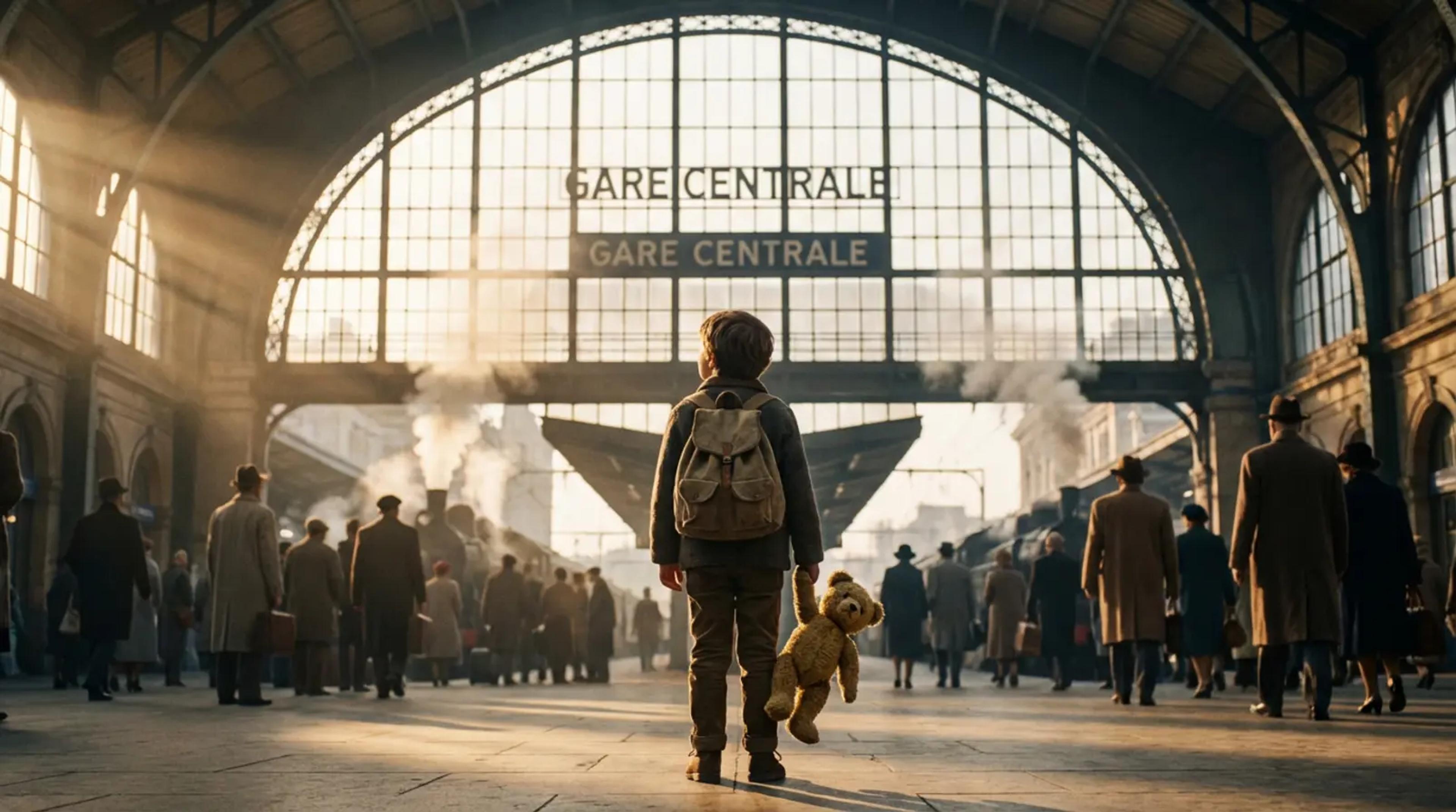 A young child sitting on a vintage suitcase in a sunlit, grand train station, holding a teddy bear and looking toward a departing train.