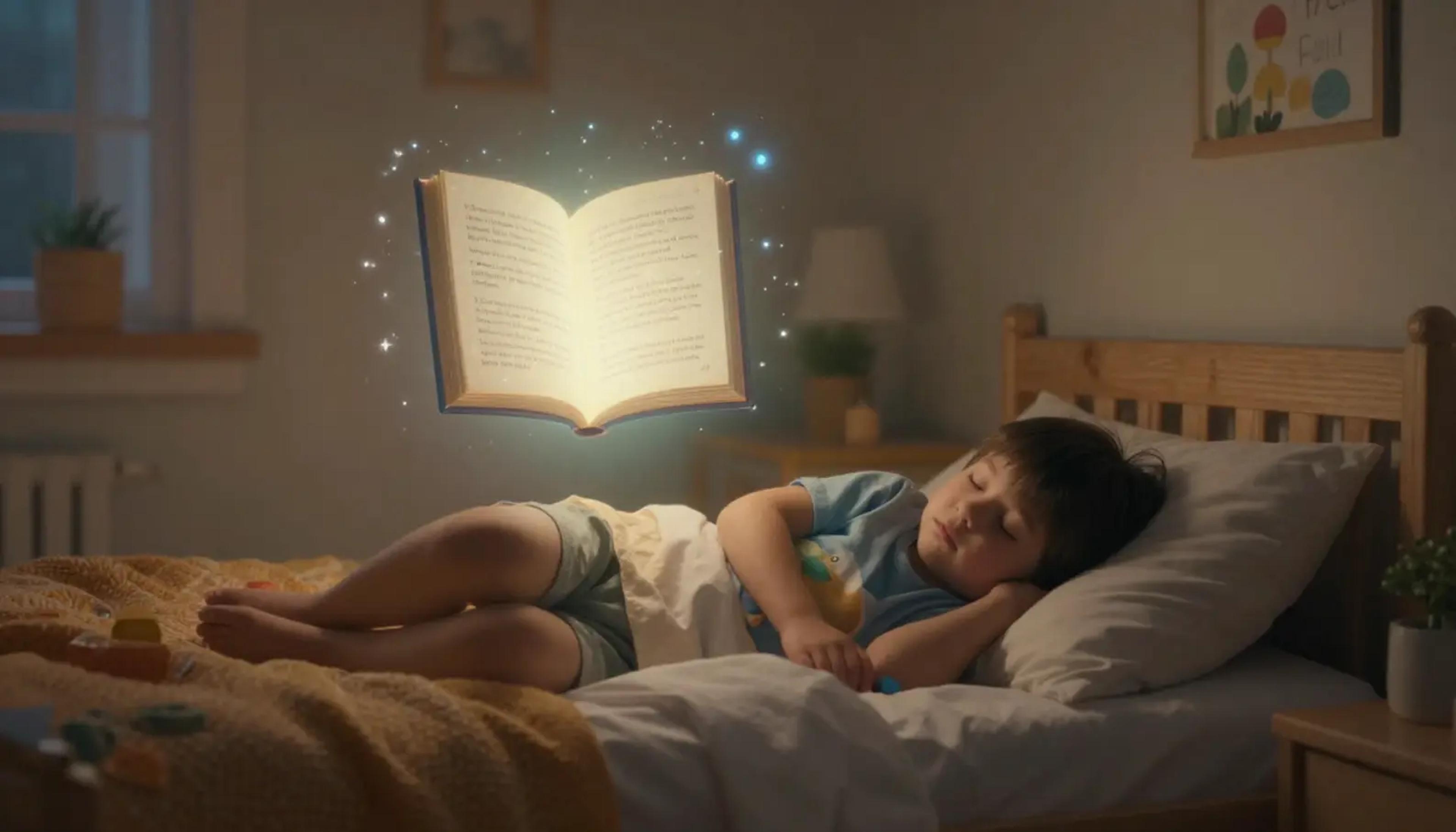 A young child looking happy and relaxed in bed listening to a story.