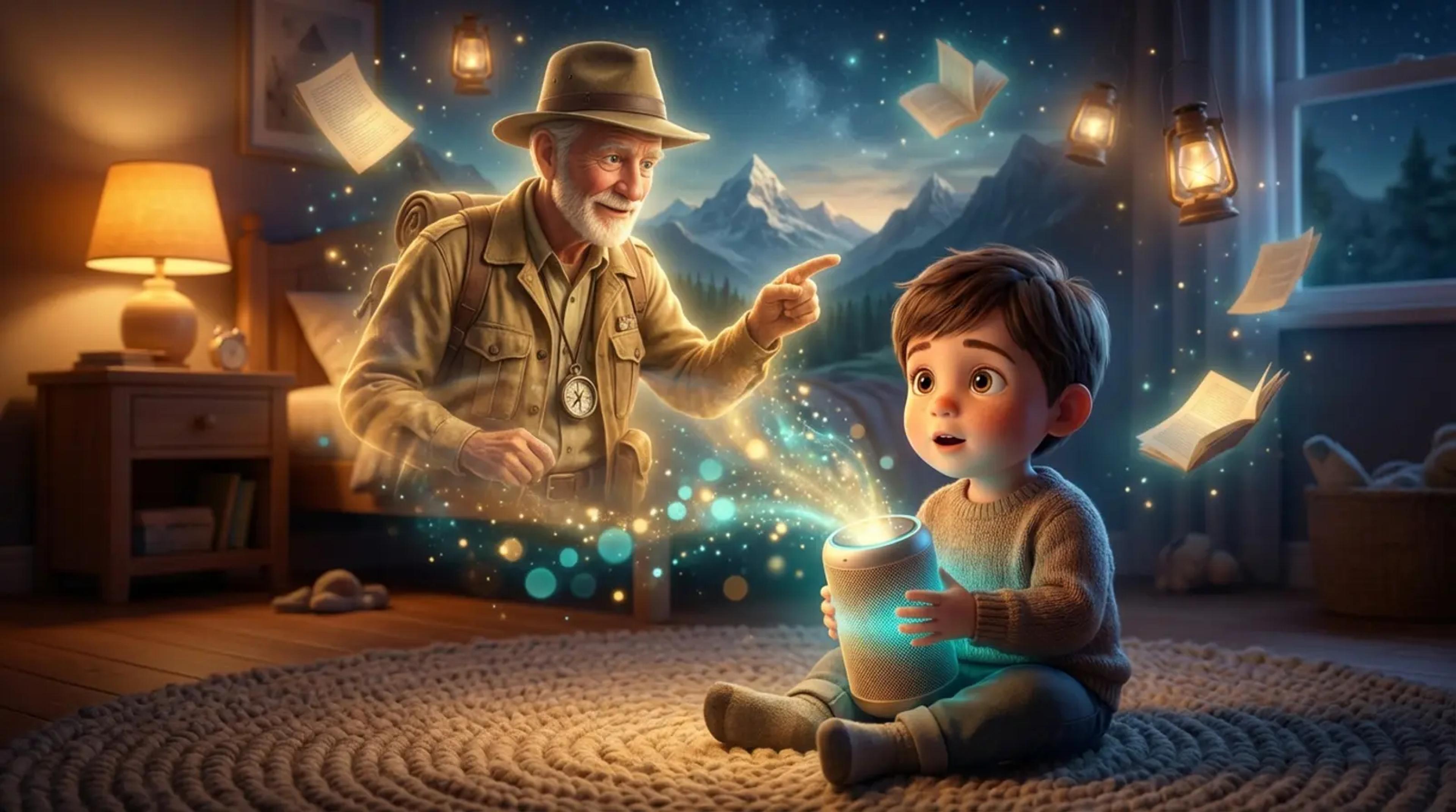 A young child sits in a cozy room listening to an audio device, while a magical, heroic projection of their grandfather as an explorer appears beside them, illustrating the connection built through personalized audio stories.
