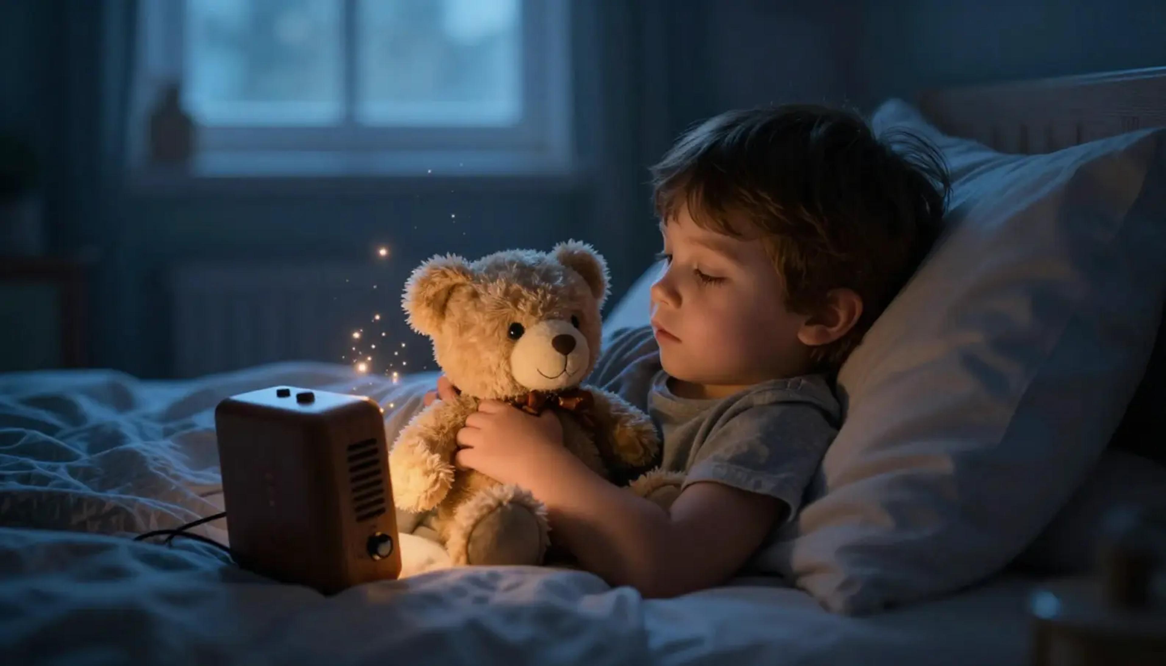 Ein kleines Kind, das im Morgengrauen im Bett sitzt, einen Teddybären umarmt und mit ruhigem Gesichtsausdruck einer Geschichte zuhört.