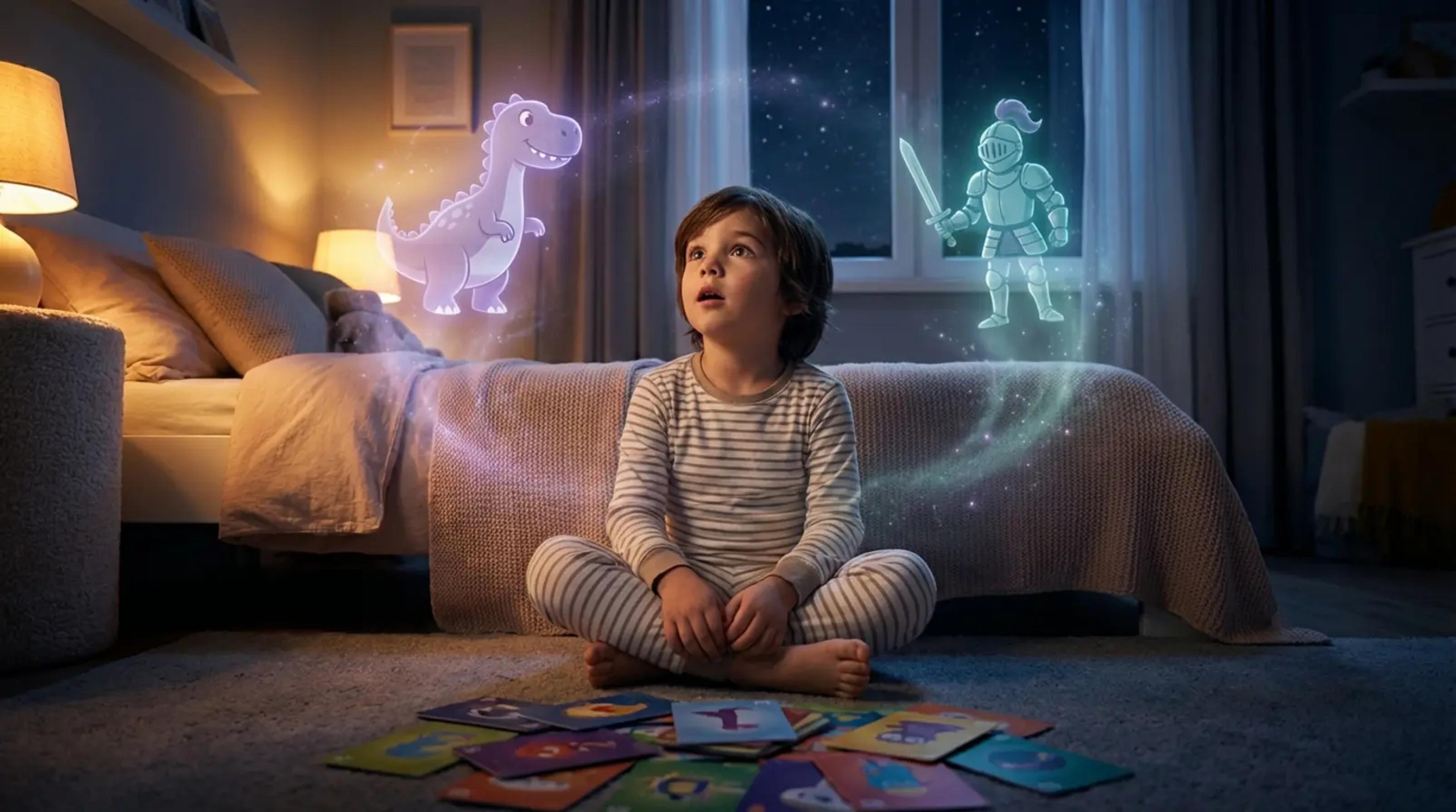 A child sitting on a bed looking at glowing magical story elements, with a pile of discarded plastic audio cards in the foreground, representing the transition from physical clutter to personalized AI stories.