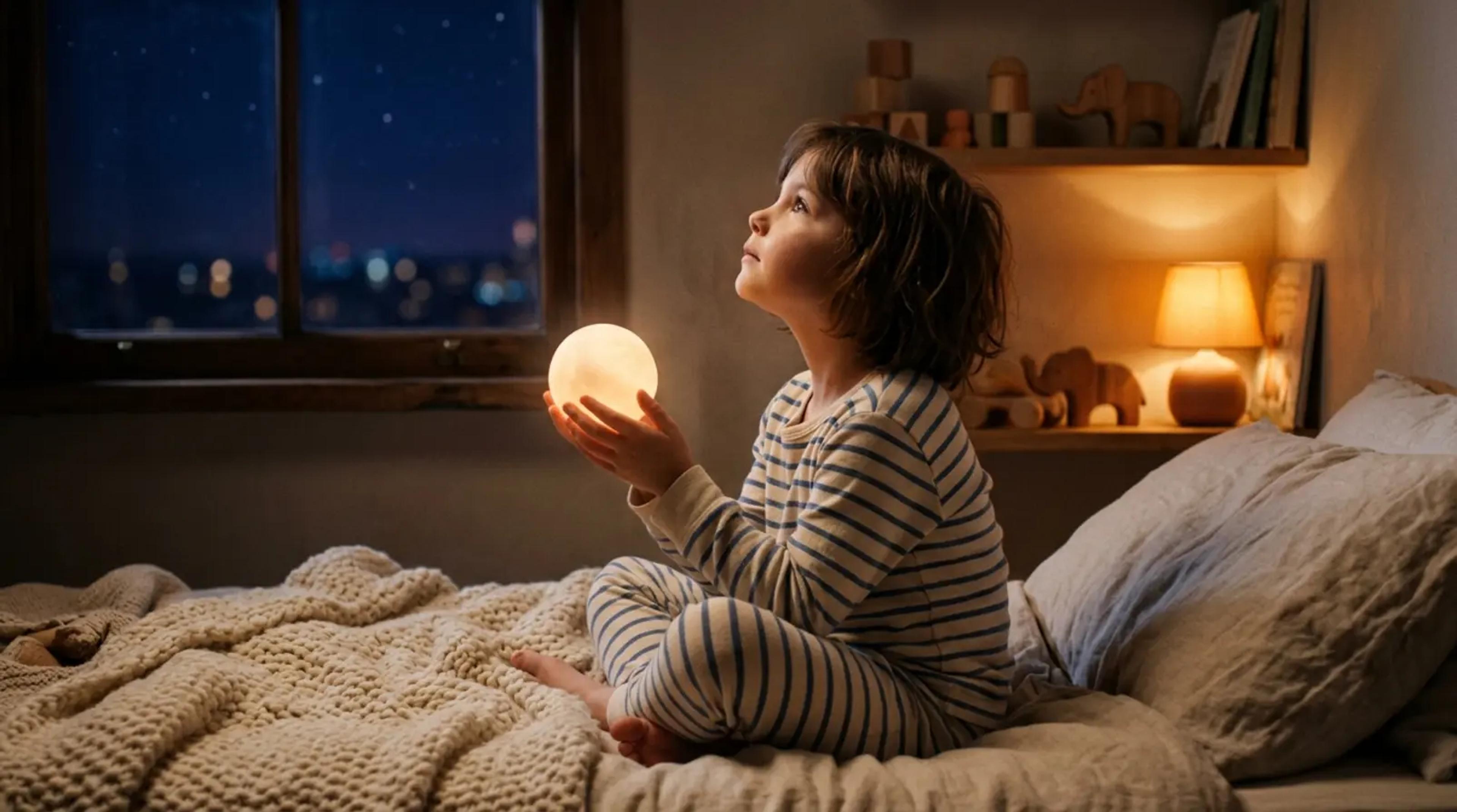 Ein kleines Kind sitzt nachdenklich nachts auf einem Bett, umgeben von sanftem Licht, und stellt sich komplexe Emotionen als farbige Formen vor.