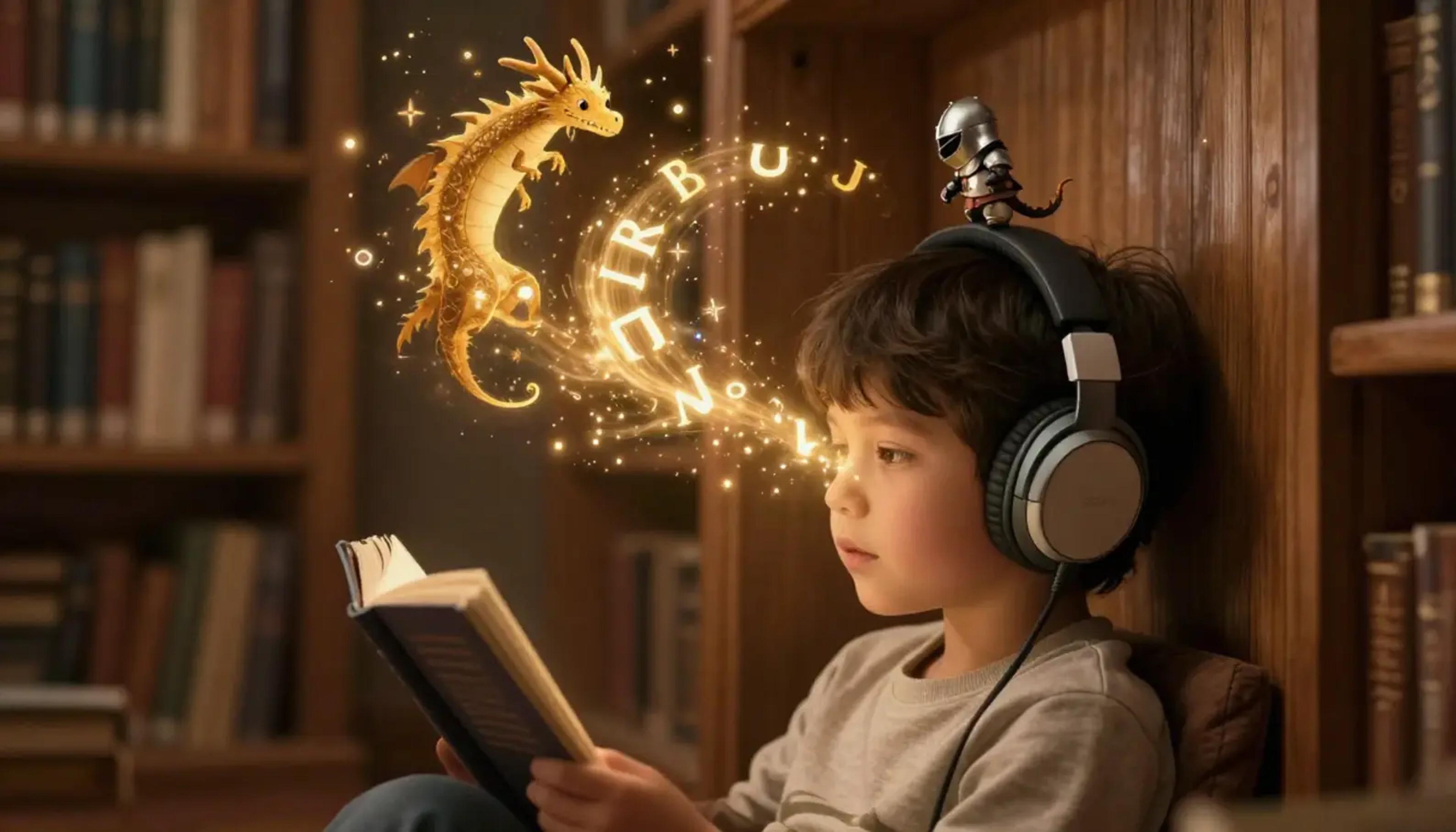 A young child wearing headphones, looking mesmerized as glowing, magical words and letters float around them in a cozy bedroom setting.