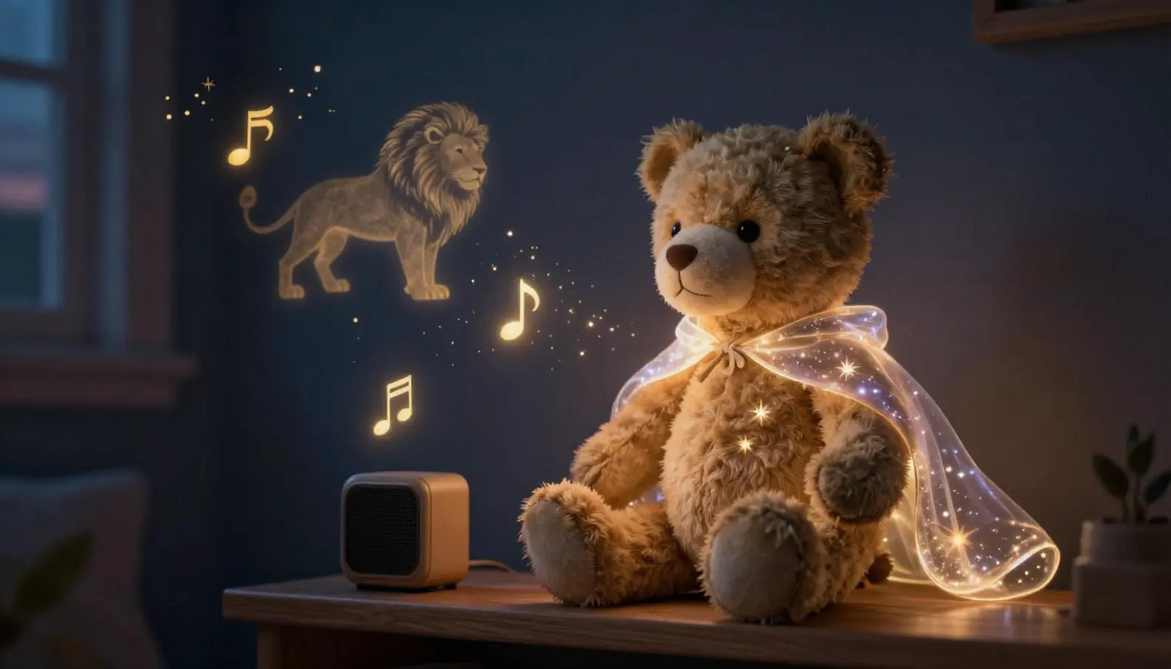 A well-loved teddy bear wearing a glowing, ethereal superhero cape, sitting next to a child's bed under soft moonlight.