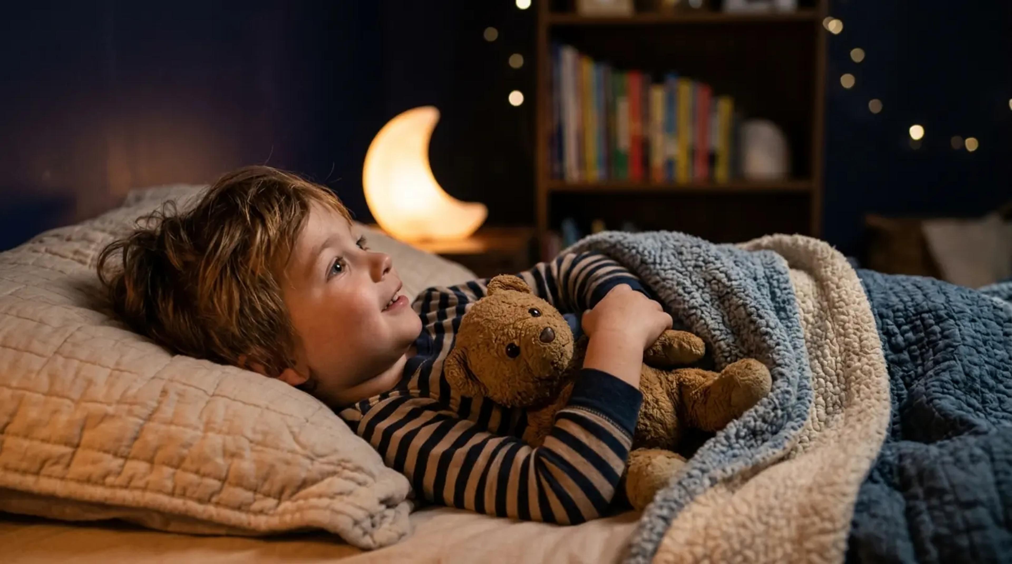 A young child in a cozy bedroom listening intently to a story, holding a plush toy that seems to come to life in their imagination.