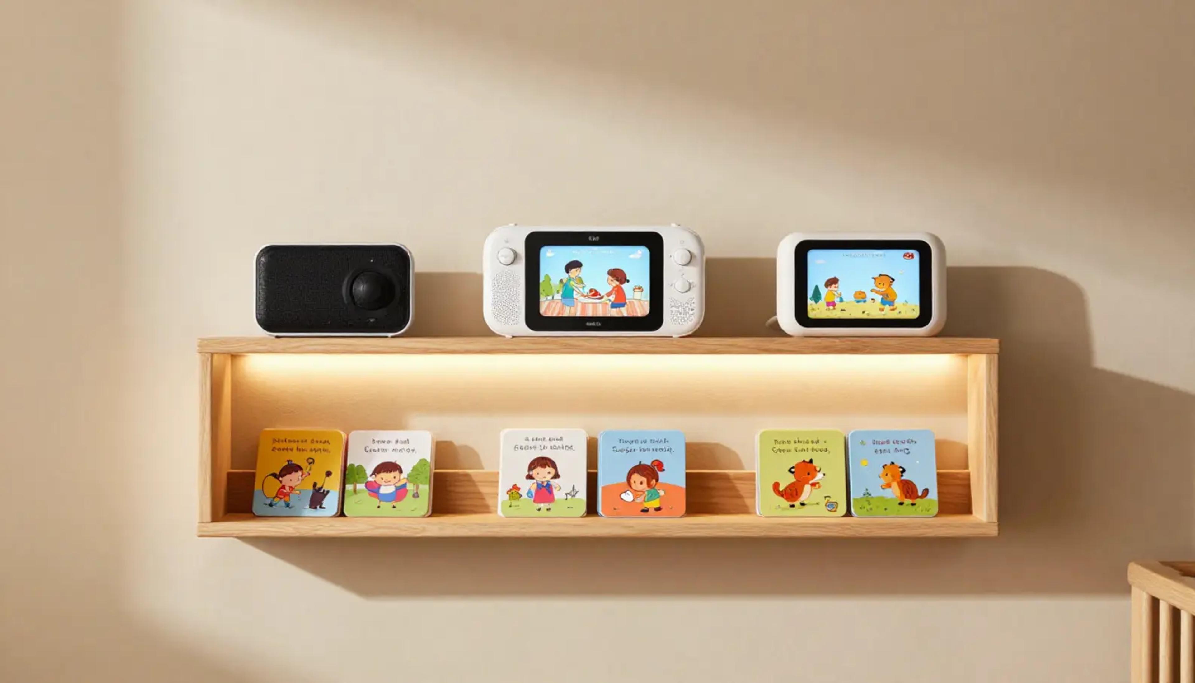 A child sitting in a cozy reading nook listening to a screen-free audio device.