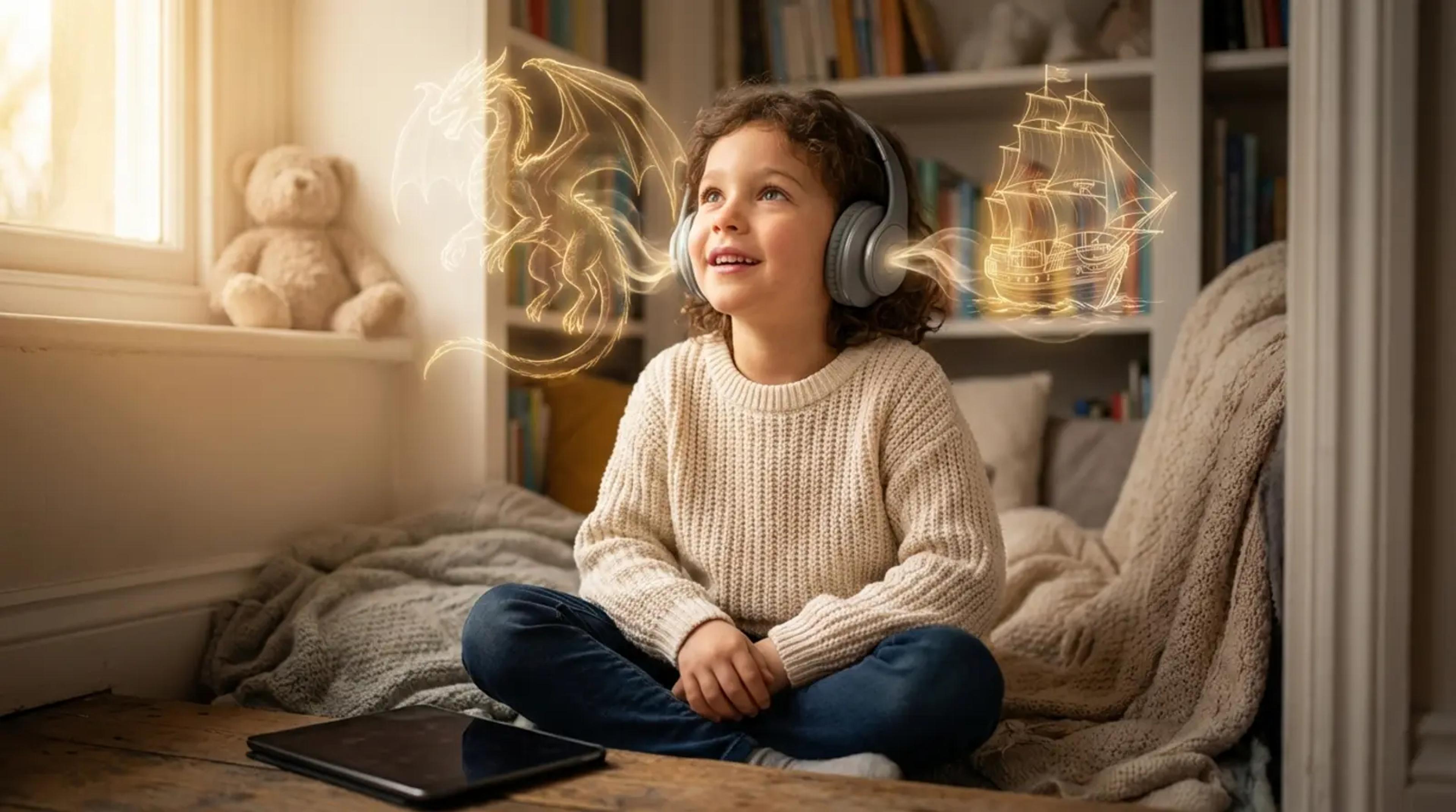 A young child wearing headphones looks up in wonder as glowing, magical storybook elements like a dragon and a ship swirl around them in a cozy, sunlit room, illustrating the power of audio stories.
