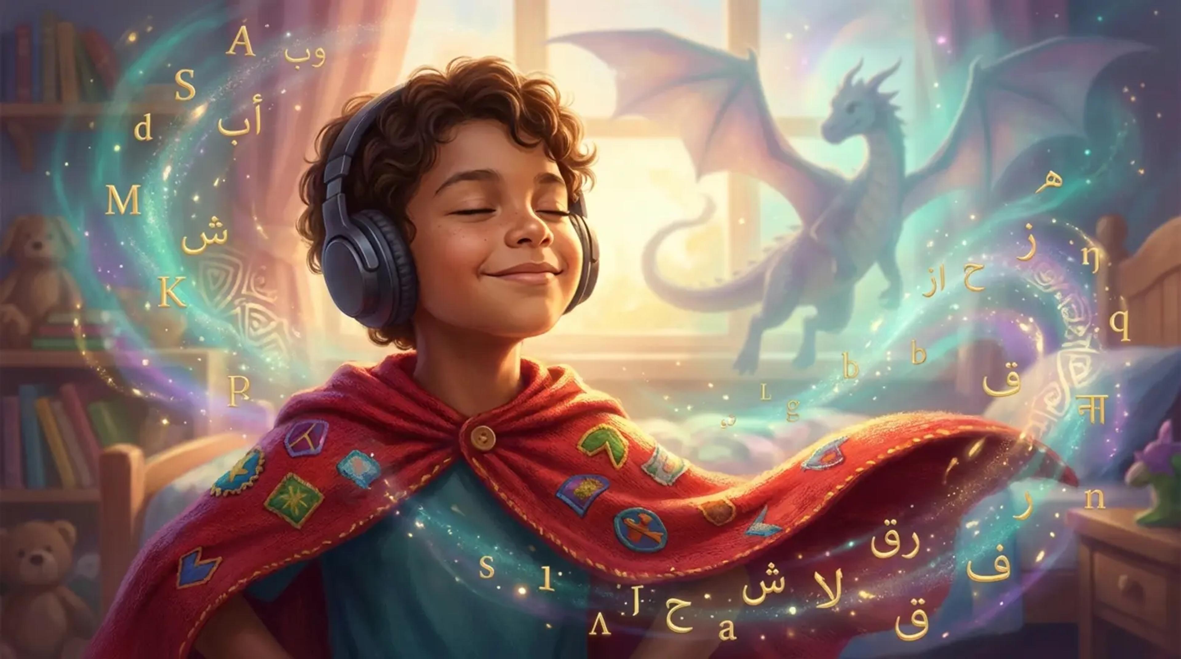 A young child wearing a superhero cape and headphones, smiling confidently as a magical world of glowing cultural symbols and a friendly dragon silhouette emerges around them in a cozy room.