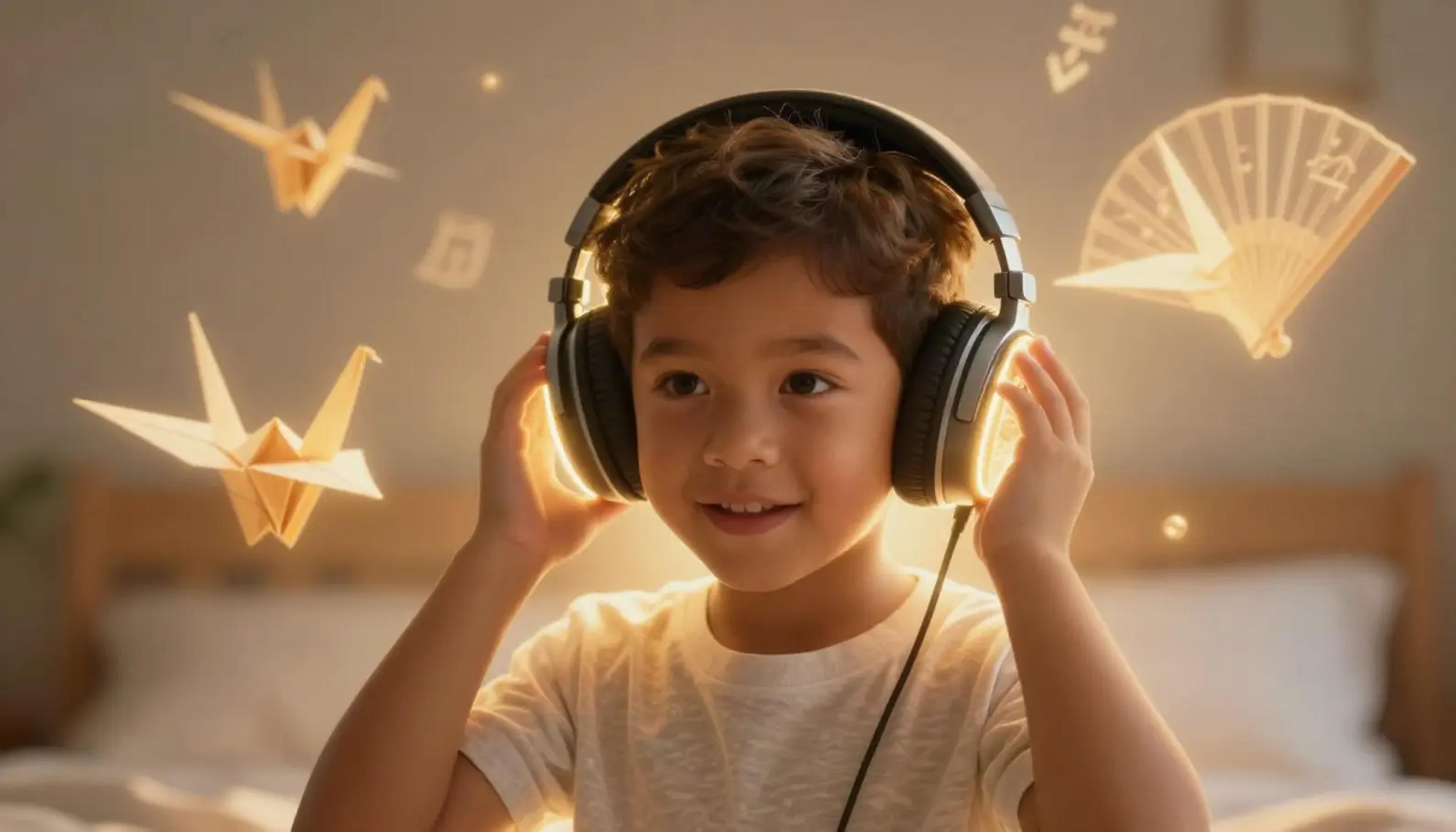 A young child listening intently to audio stories, looking like a brave explorer with cultural heritage symbols softly glowing in the background.