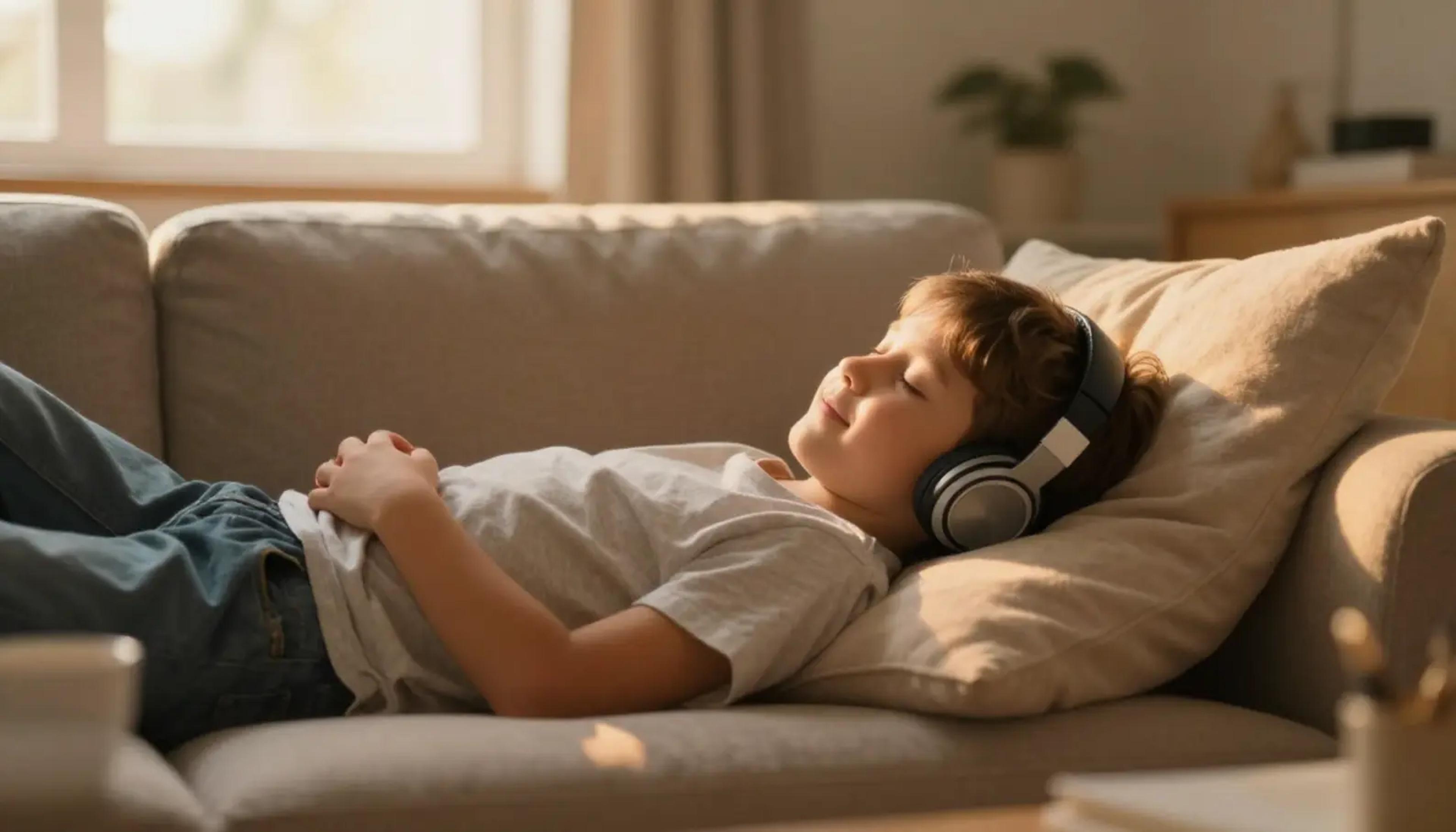 A young child sitting comfortably on a soft rug with headphones, looking relaxed while listening to a story after school.