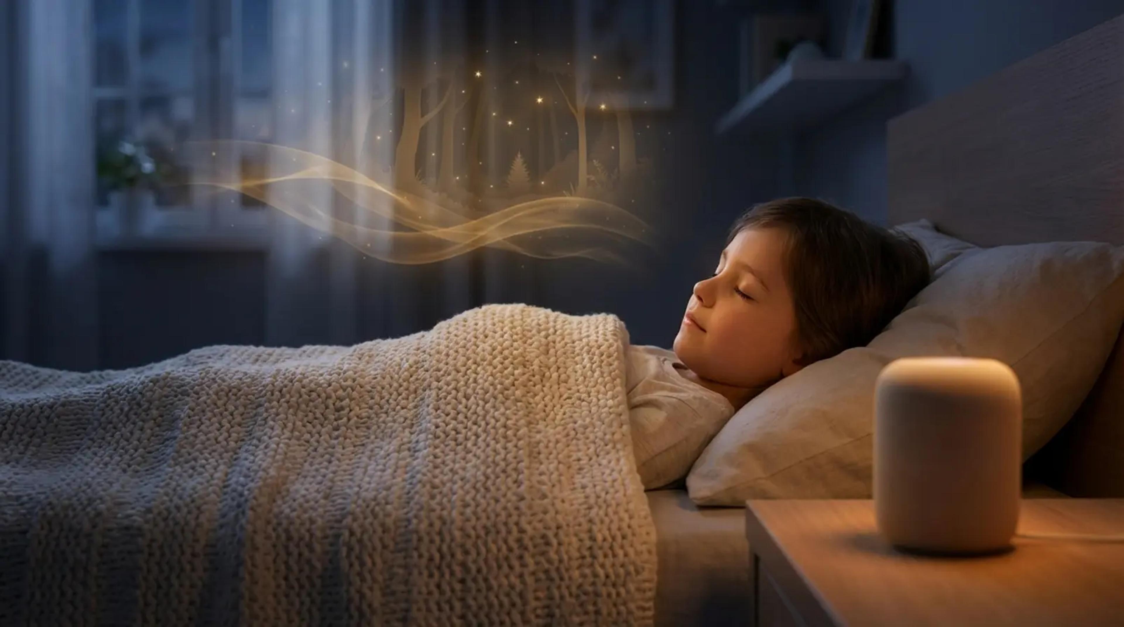 Ein friedliches Kind, das in einem gemütlichen, gedimmten Zimmer im Bett liegt und einer Audiogeschichte lauscht, die als leuchtende, magische Waldsilhouetten in der Luft schwebt.