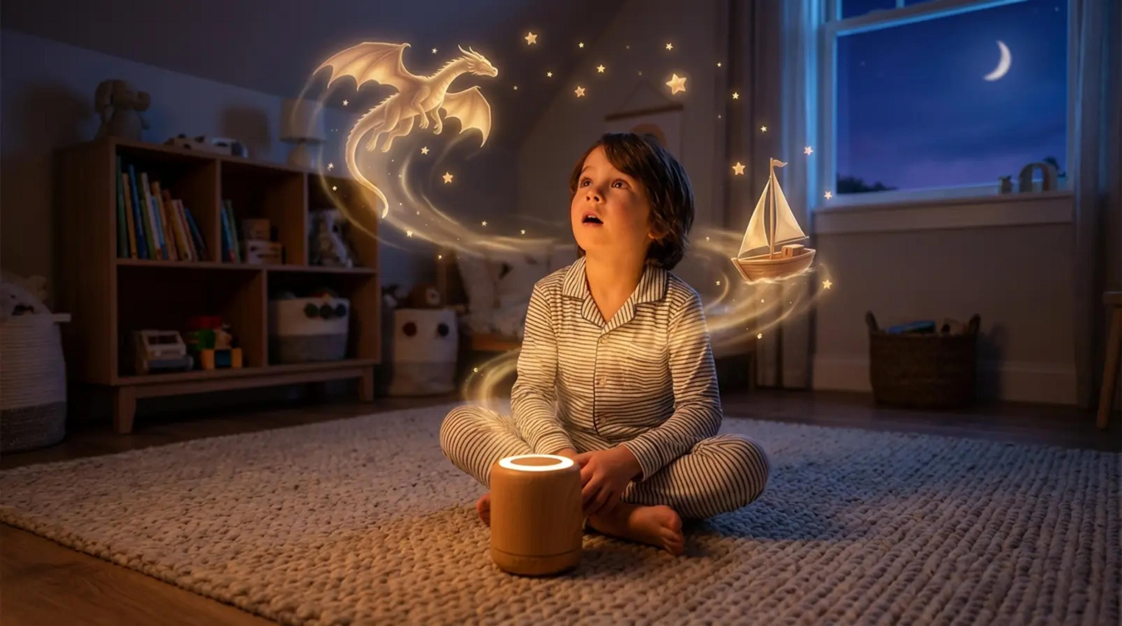 A young child sits in a cozy bedroom listening to a screen-free audio player, surrounded by glowing, magical story elements like a dragon and a ship, illustrating the power of imagination.