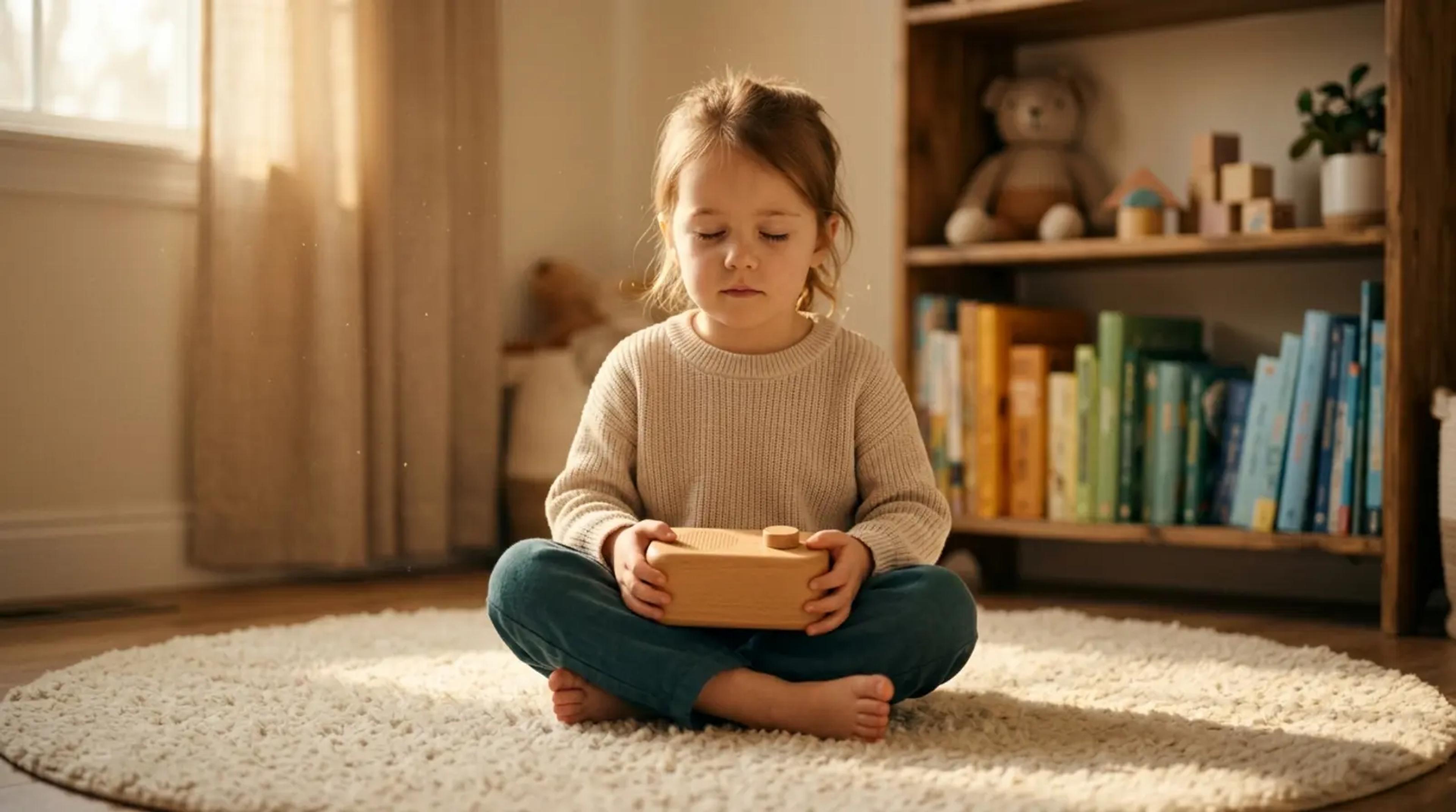 A child listening intently to an audio story, imagining themselves as a hero, symbolizing internal growth.