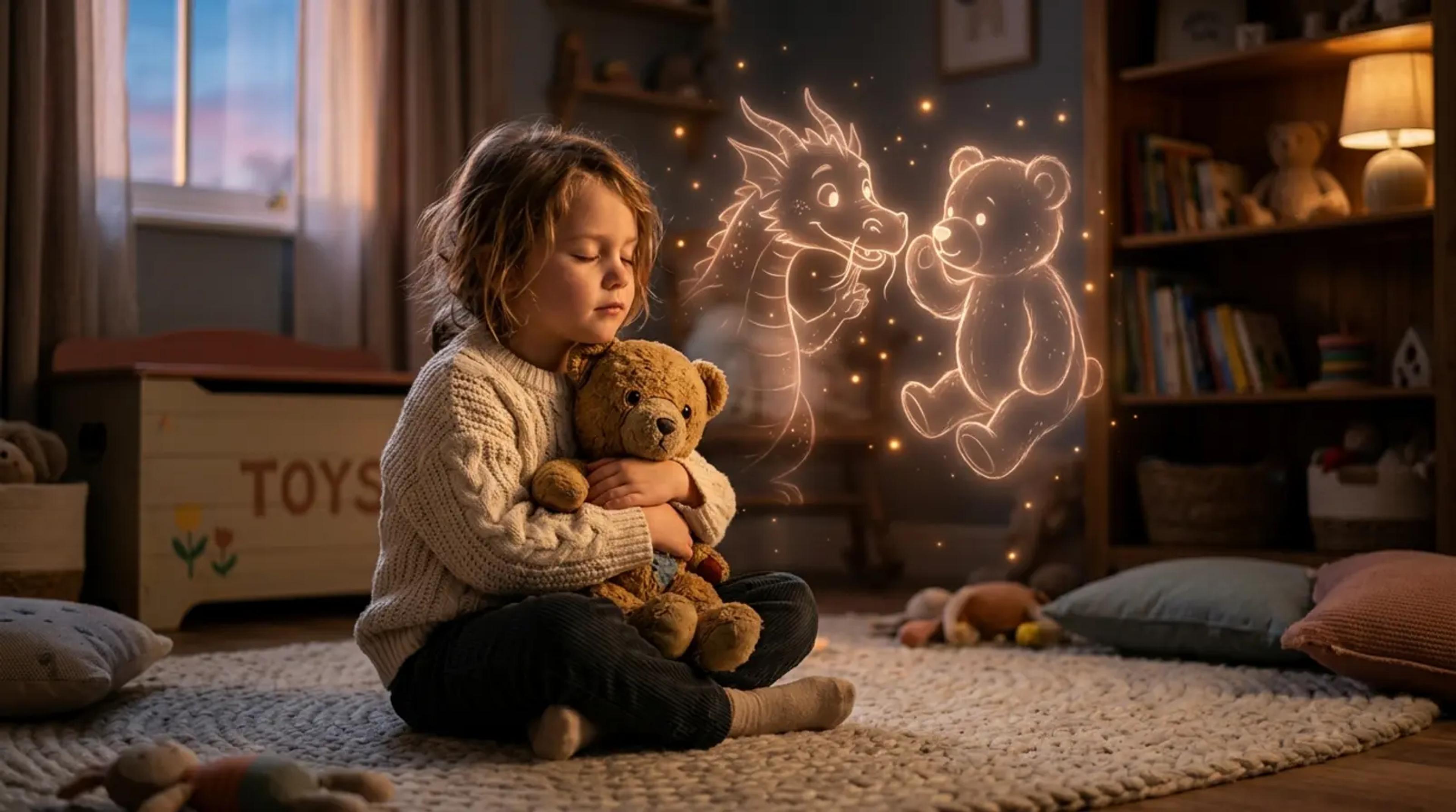 Ein kleines Kind sitzt auf einem Bett und hält einen Teddybär, die Augen nachdenklich geschlossen, umgeben von einem sanften magischen Leuchten, das eine imaginäre Geschichtenwelt andeutet.