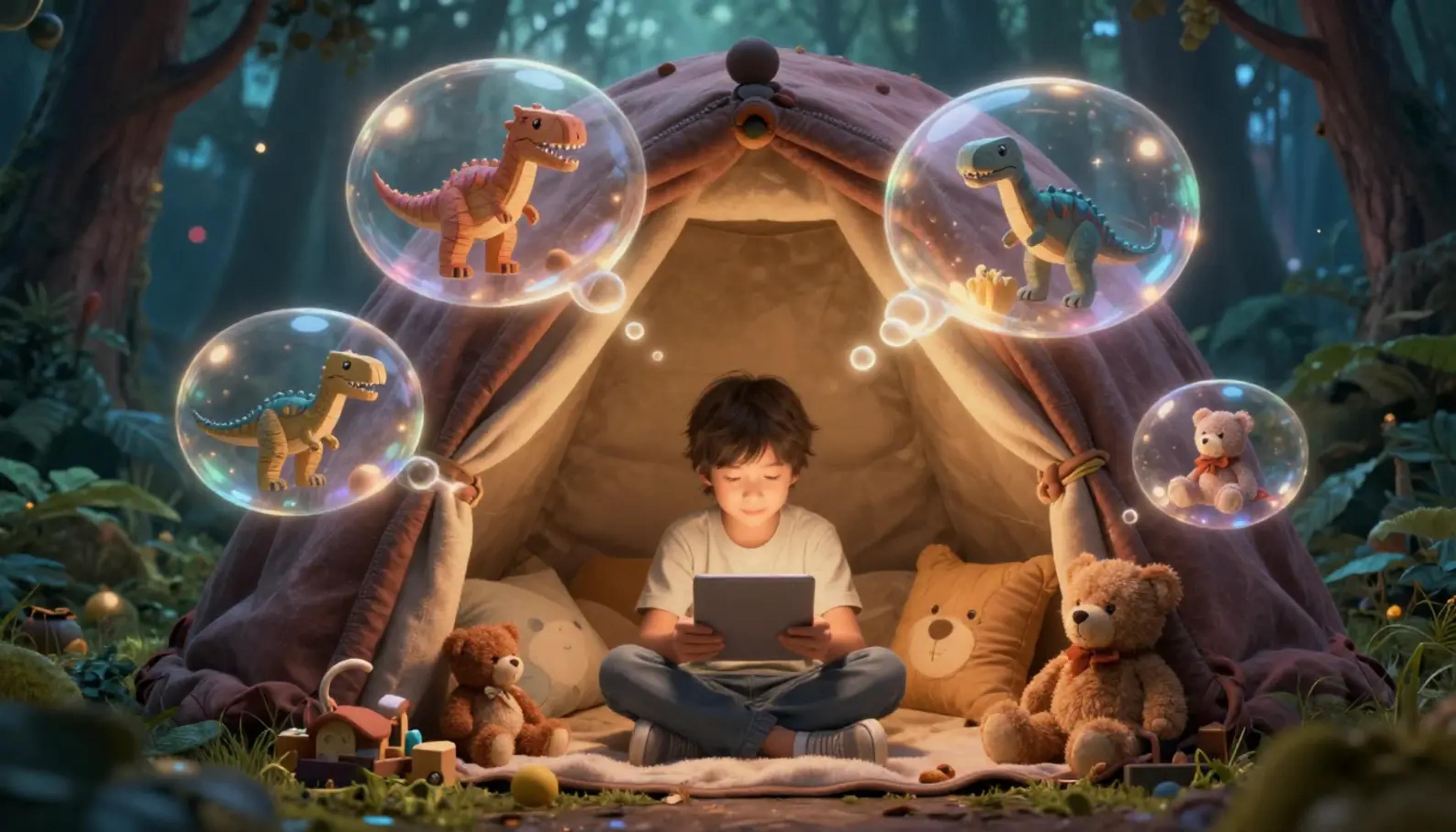A young child sitting in a cozy reading nook, eyes closed in wonder, surrounded by glowing ethereal shapes of toys coming to life.