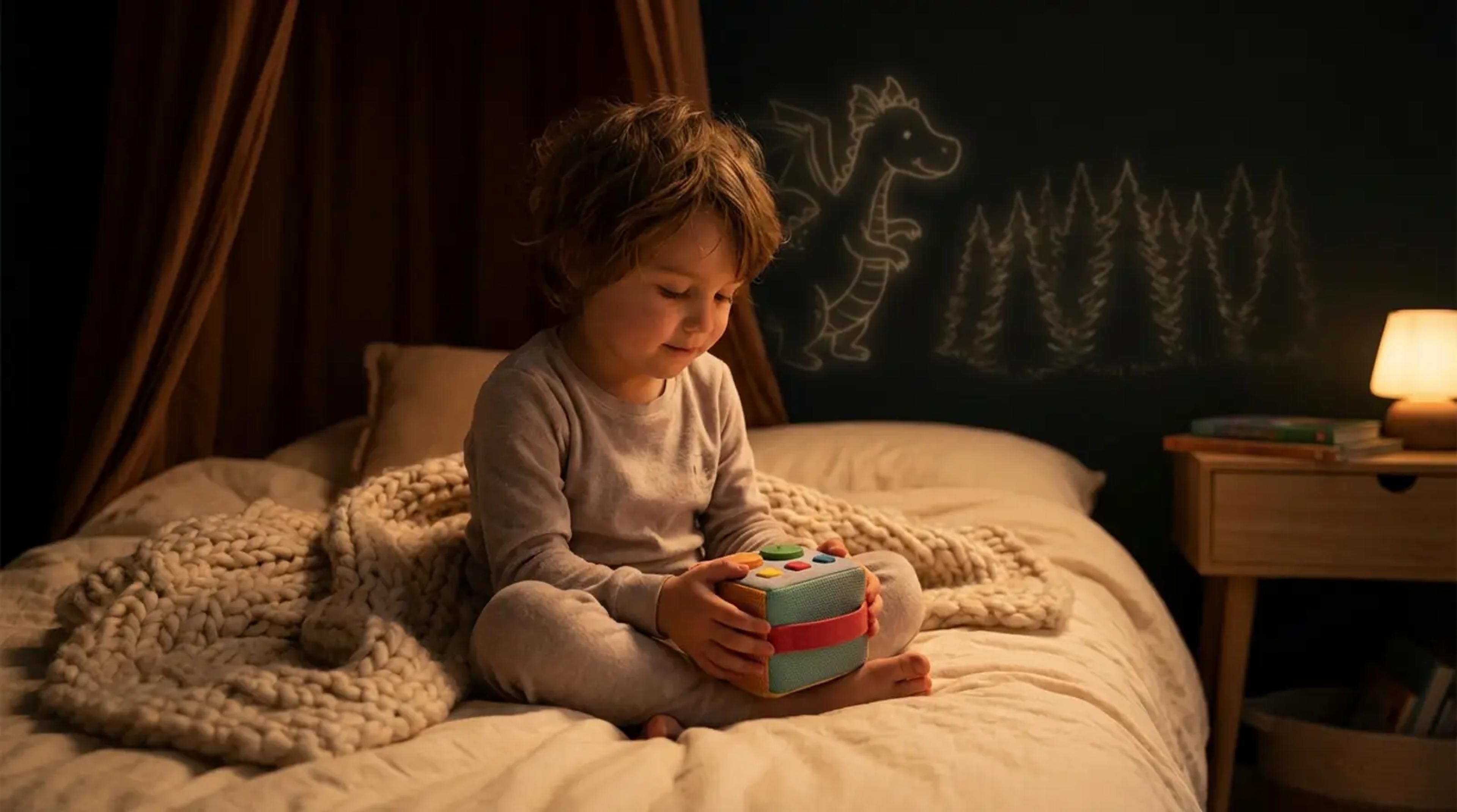 A young child sits on a cozy bed in a dimly lit room, listening intently to a screen-free audio player. Magical story silhouettes like a dragon glow softly in the background, illustrating imagination without digital screens.