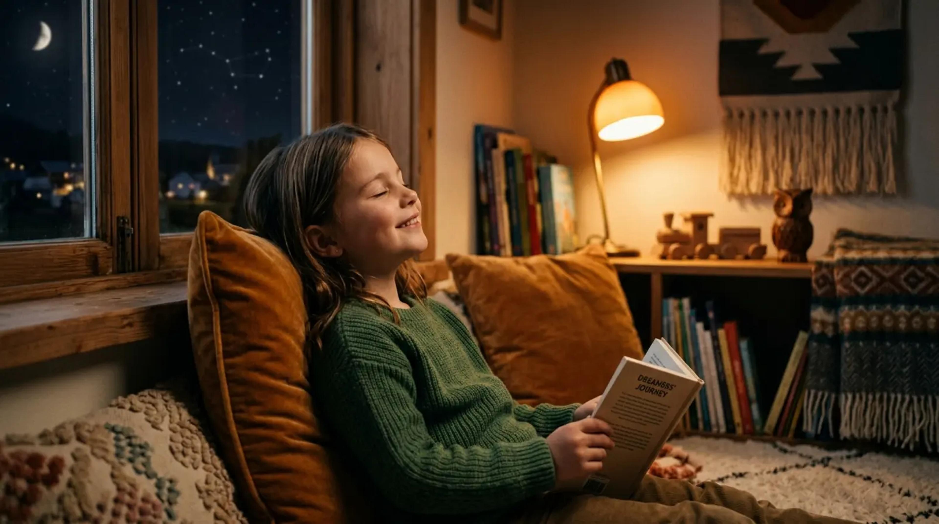 A child sitting peacefully in a cozy room with eyes closed, imagining a vibrant world of stars and magic around them.
