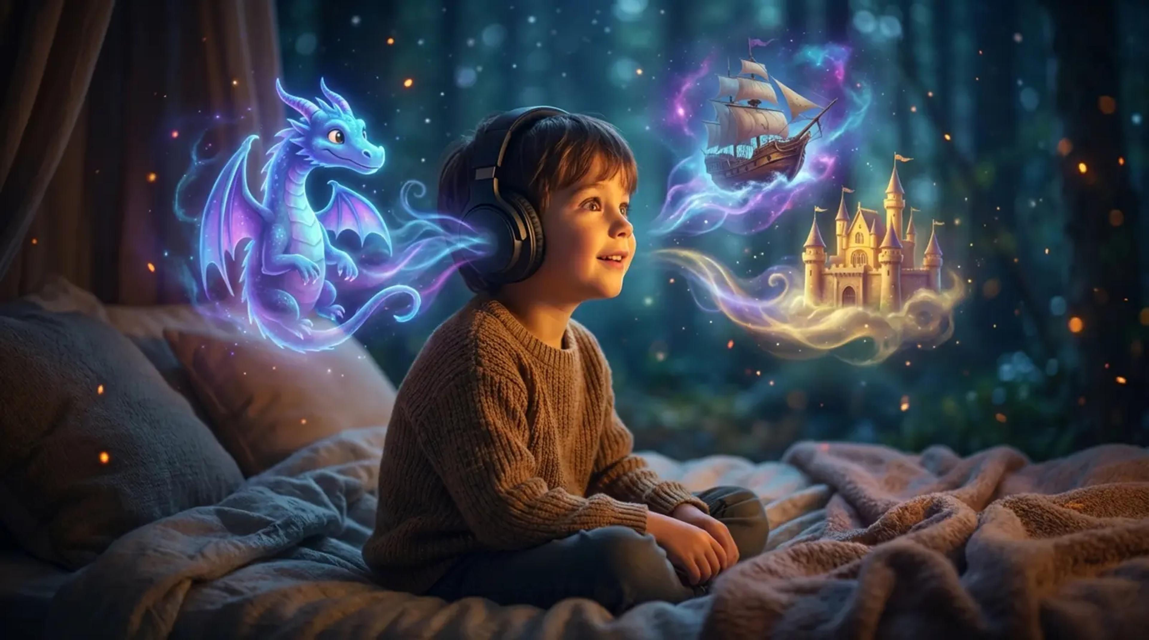 Ein kleines Kind mit Kopfhörern und einem staunenden Gesichtsausdruck, während magische, leuchtende Märchenelemente wie ein Drache und ein Schiff in einem gemütlichen, traumartigen Raum aus seiner Fantasie entstehen.