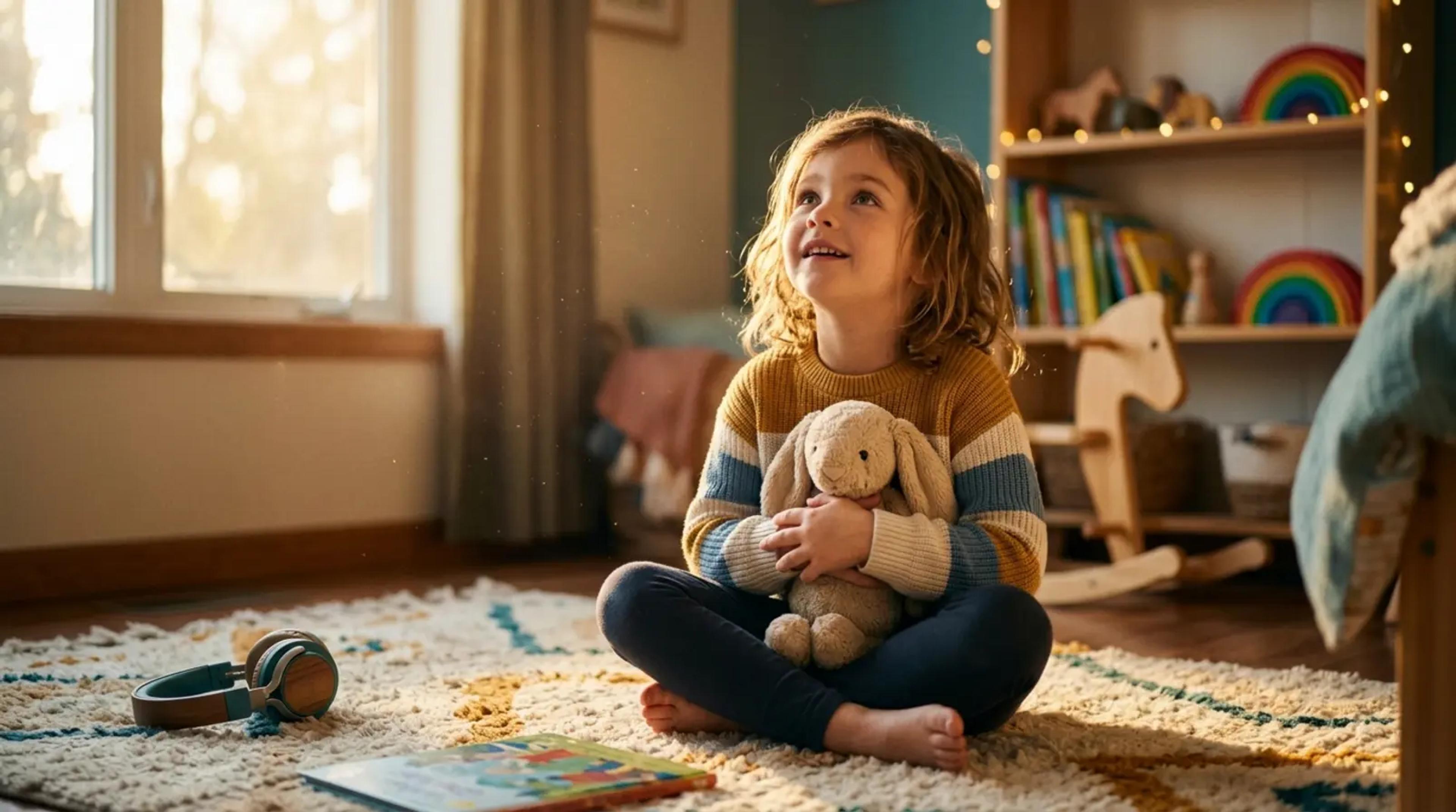 Ein Kind sitzt auf dem Bett und sieht fasziniert zu, wie eine Geschichte um es herum zum Leben erwacht, im Vergleich zwischen einem Headset und magischer personalisierter Erzählung.