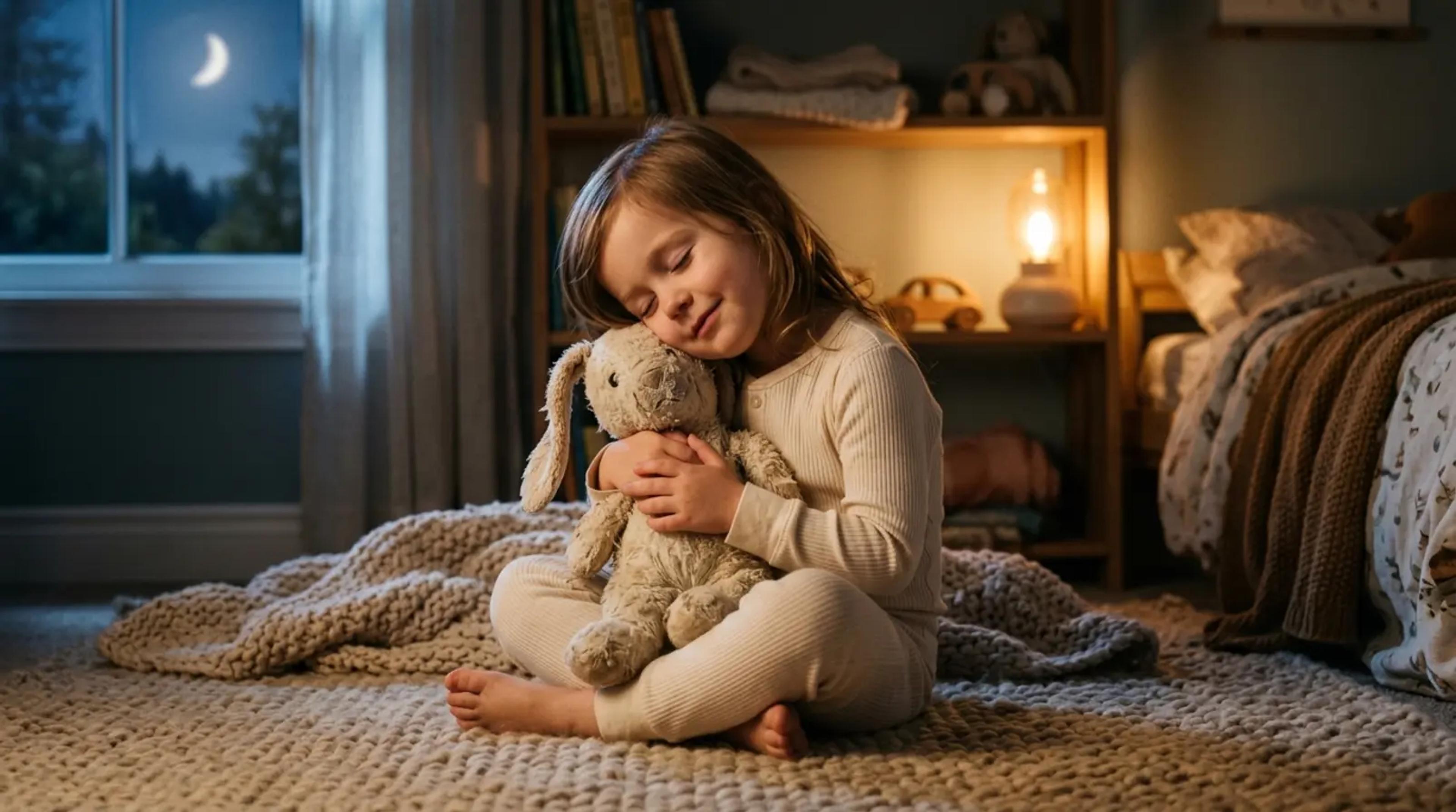 A young child hugging a teddy bear while listening to a story, illustrating emotional connection.