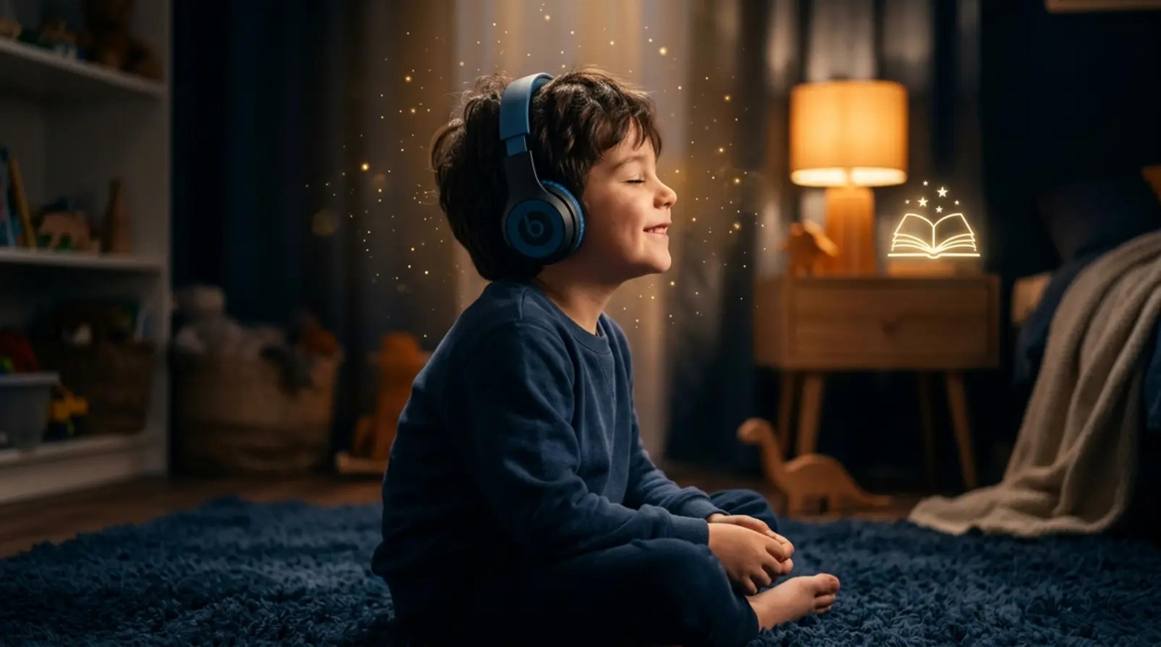 A young child wearing headphones, looking mesmerized and heroic while listening to a story in a cozy, dimly lit bedroom.