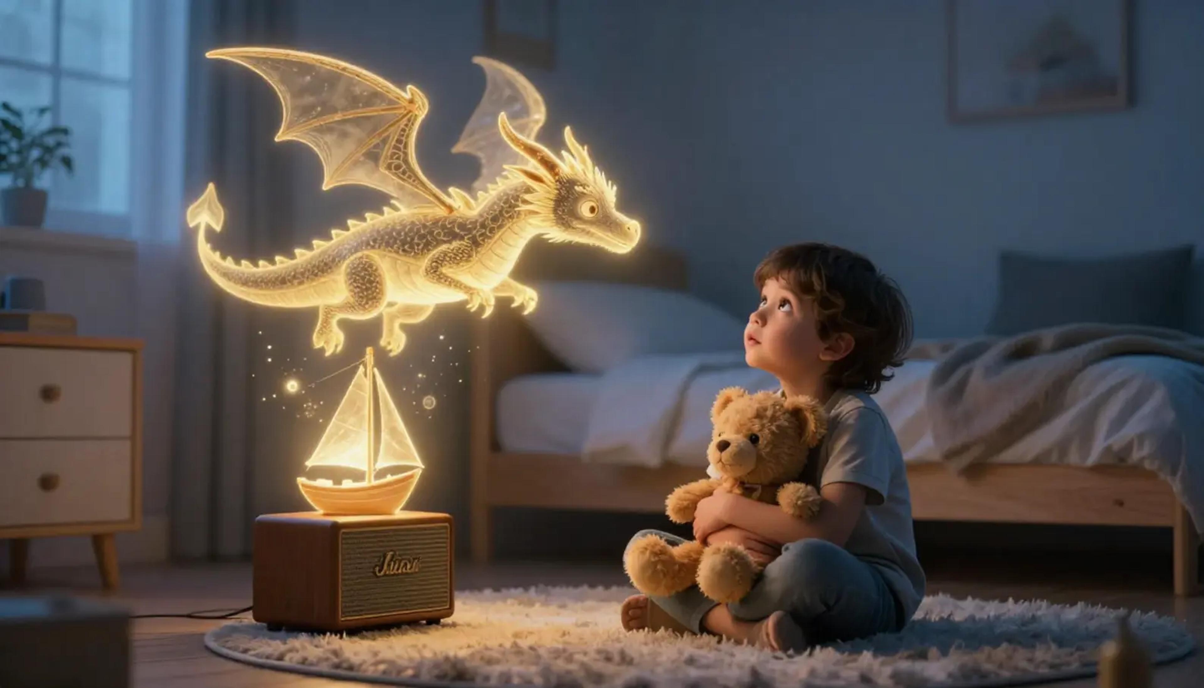 A young child sitting cozy in bed, listening intently to a storyteller device with magical glowing sparkles representing a story coming to life.