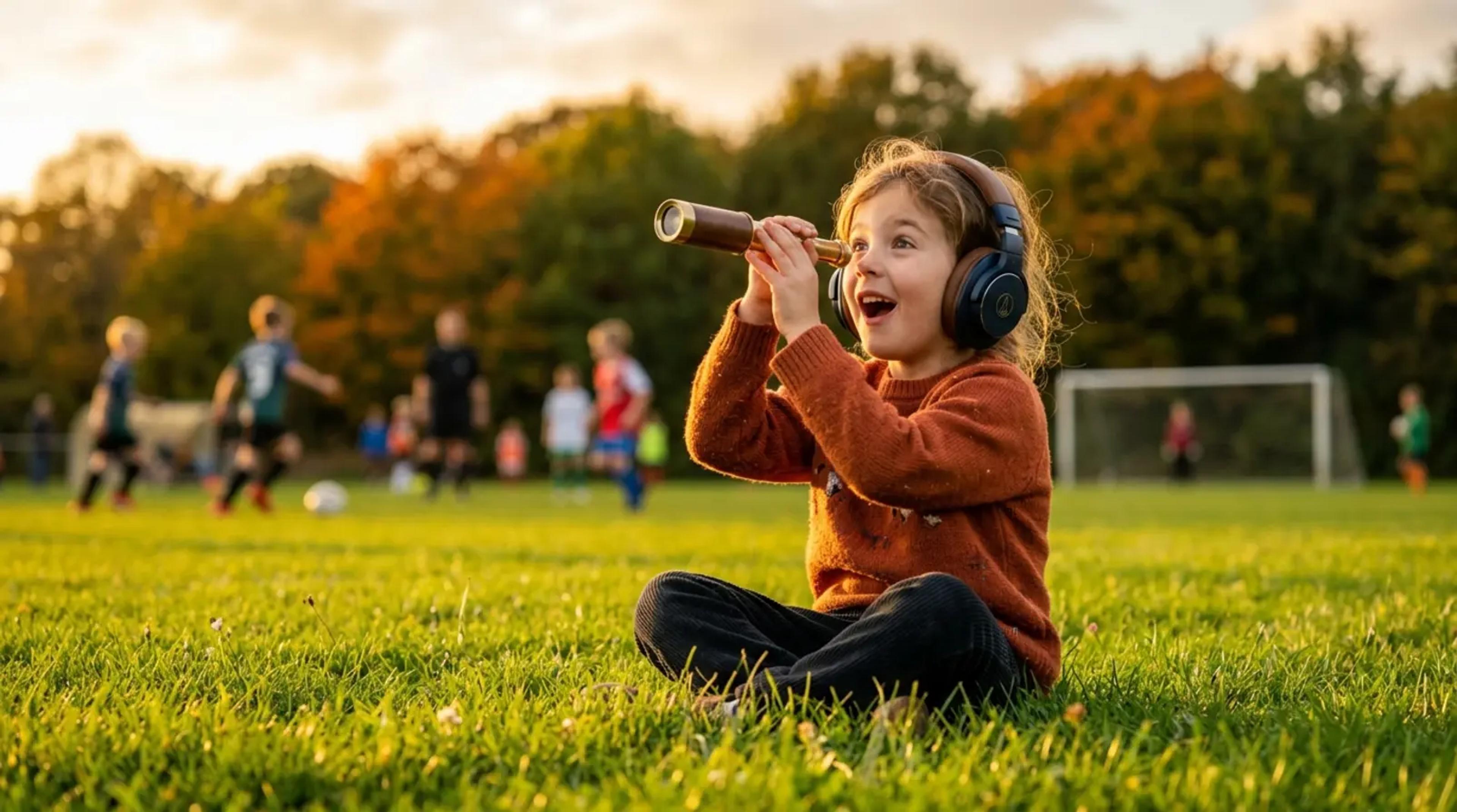 Ein junges Kind sitzt mit Kopfhörern im Gras an einem Sportplatz und wirkt wie verzaubert, während im unscharfen Hintergrund ein Spiel stattfindet.
