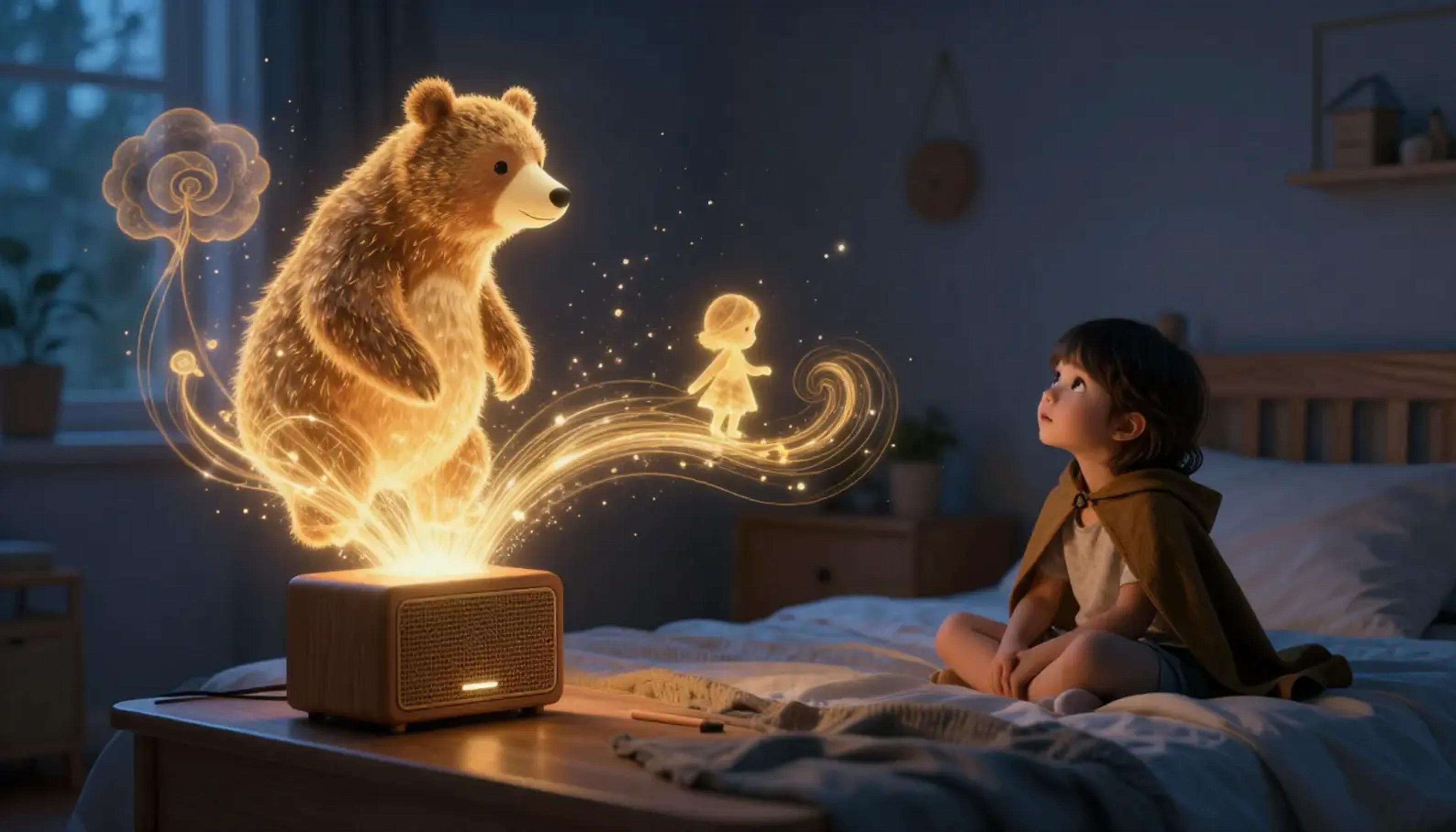 Ein Kind hört aufmerksam einem Hörspiel-Gerät in einem gemütlichen, bildschirmfreien Kinderzimmer zu.