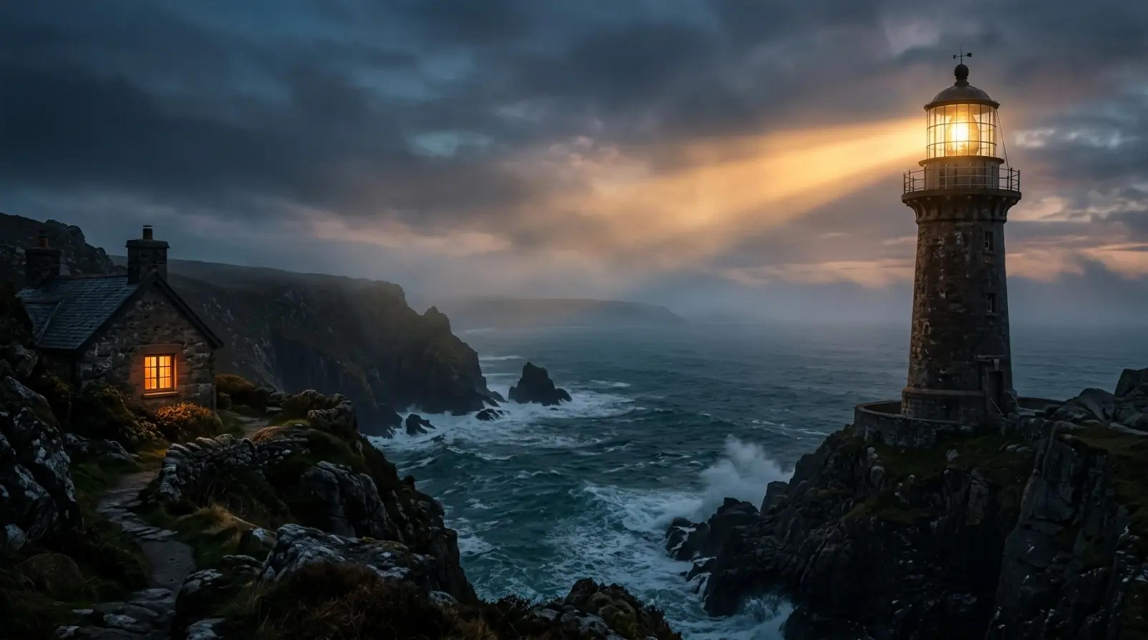 A glowing lighthouse on a cliffside casting a warm beam of light toward a child listening to audio stories in a cozy room.
