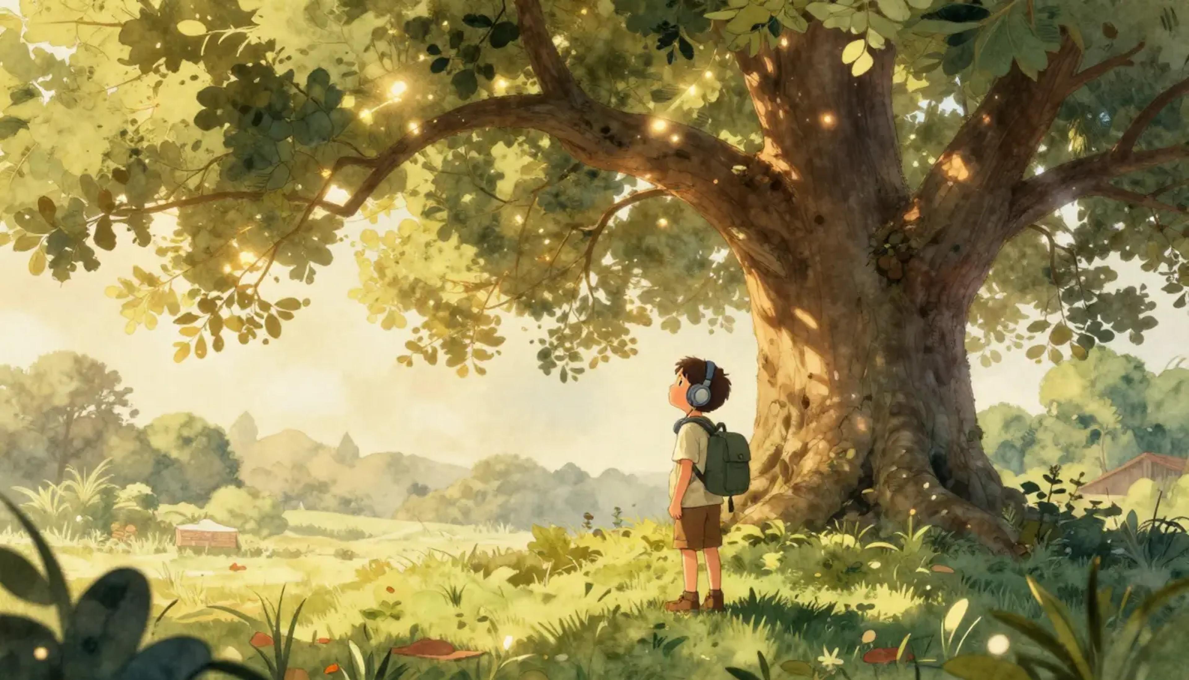 Ein kleines Kind erkundet mit Kopfhörern einen sonnigen Garten und betrachtet eine große Eiche, als wäre sie ein magisches Schloss.