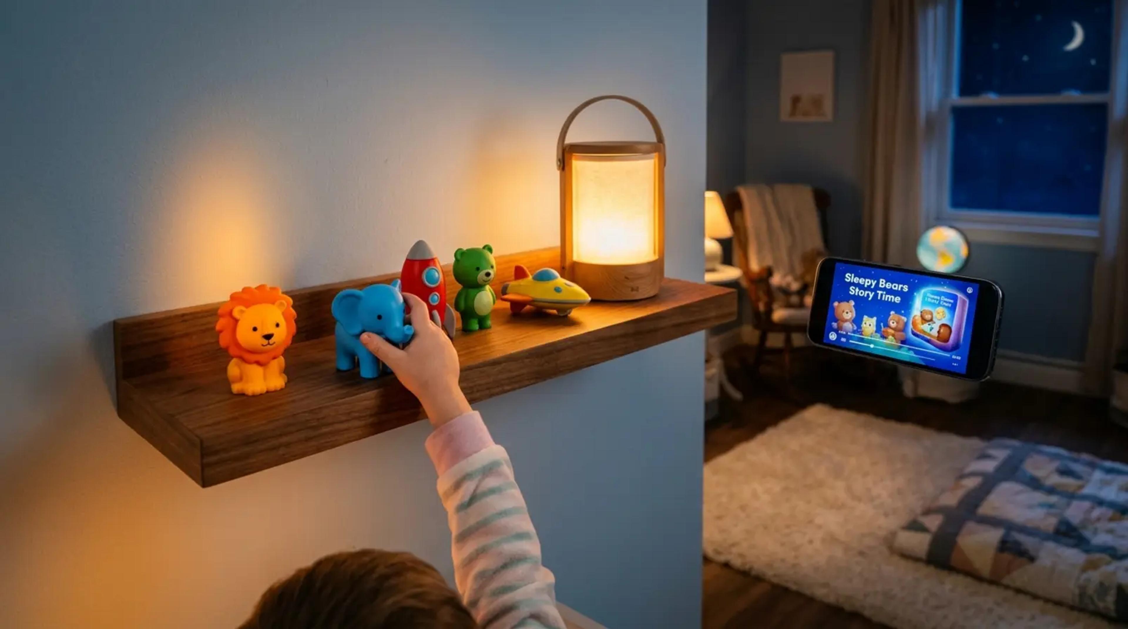 Verschiedene bildschirmfreie Audioplayer fĂĽr Kinder, aufgereiht auf einem Holzregal in einem gemĂĽtlichen Kinderzimmer.