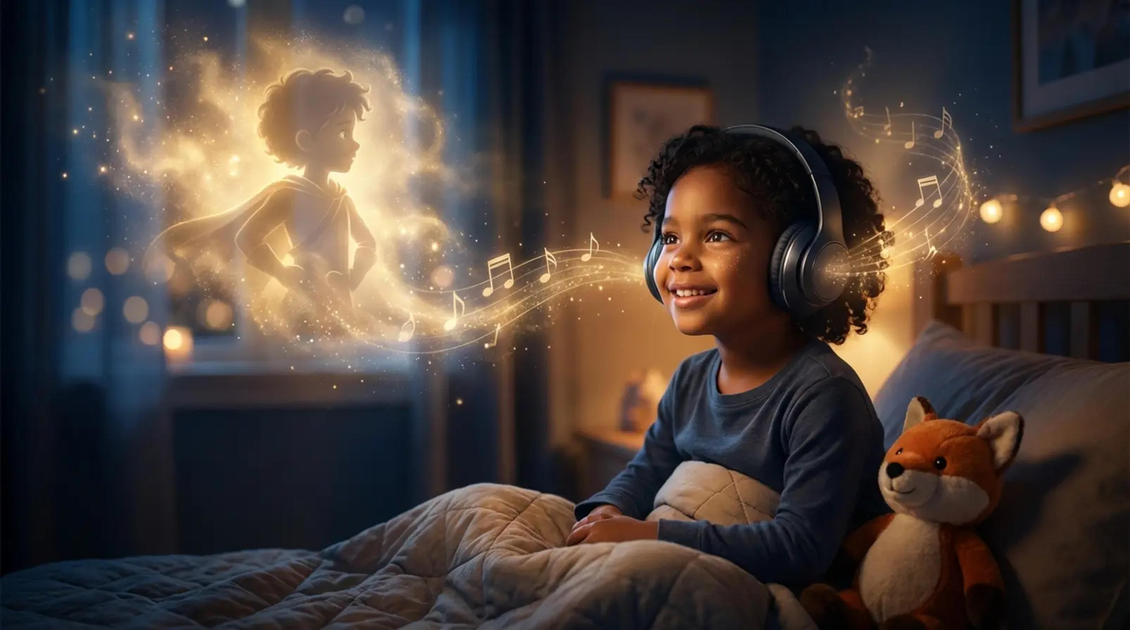Ein kleines Kind mit Kopfhörern in einem gemütlichen Bett blickt inspiriert nach oben, während eine magische goldene Helden-Silhouette neben ihm erscheint, was die Stärkung des Selbstvertrauens durch personalisierte Audio-Geschichten symbolisiert.
