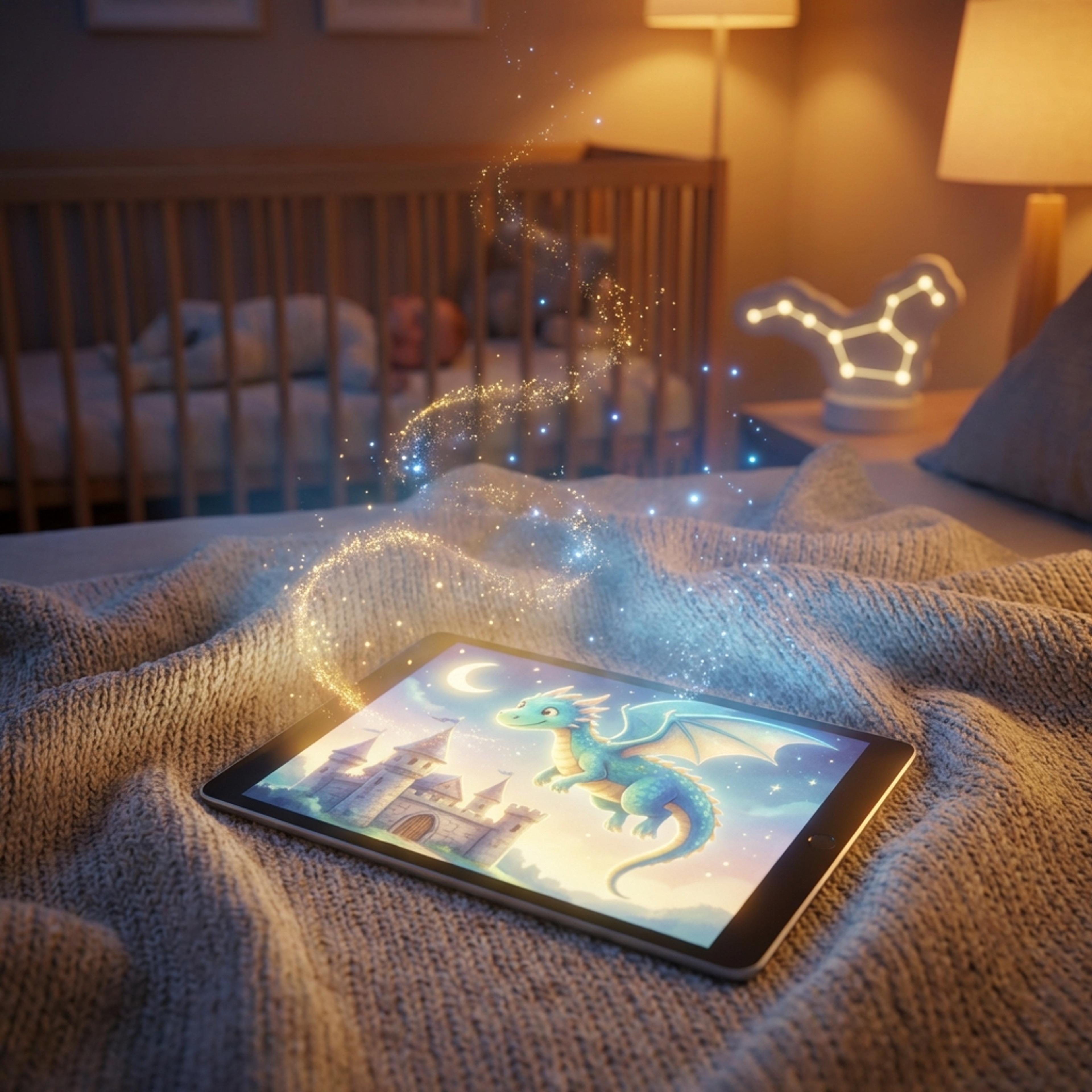 A magical tablet in a cozy nursery showing a dragon flying out of the screen, illustrating personalized stories coming to life.	