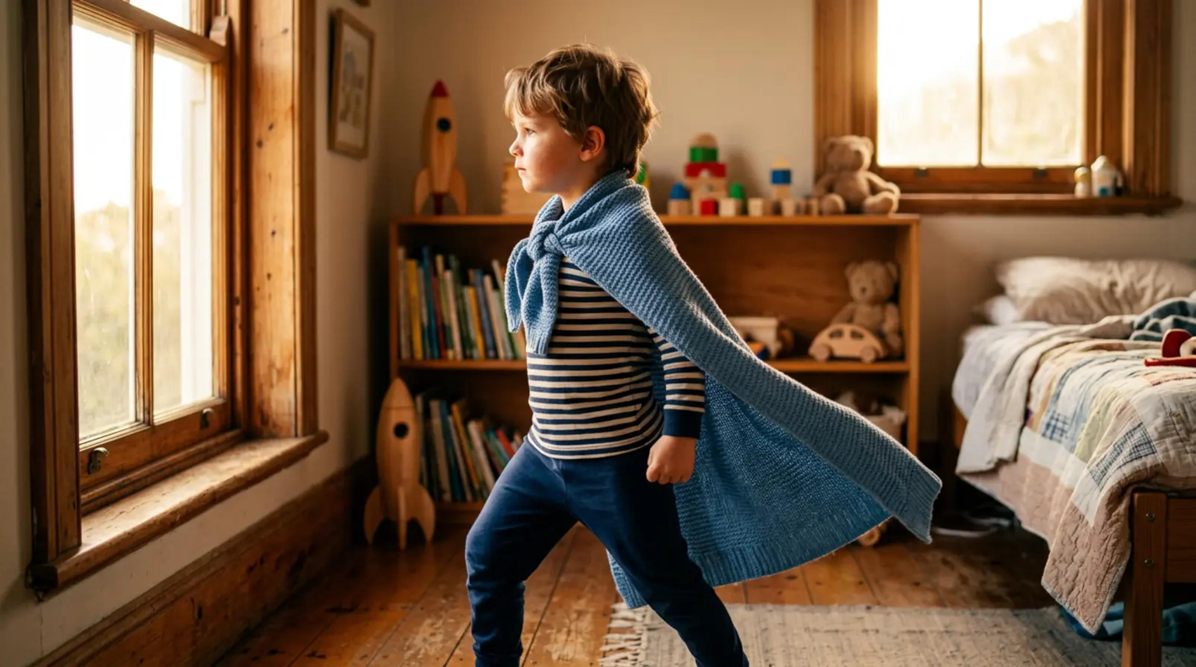 A young child wearing a makeshift blanket cape standing heroically in a sunlit bedroom.
