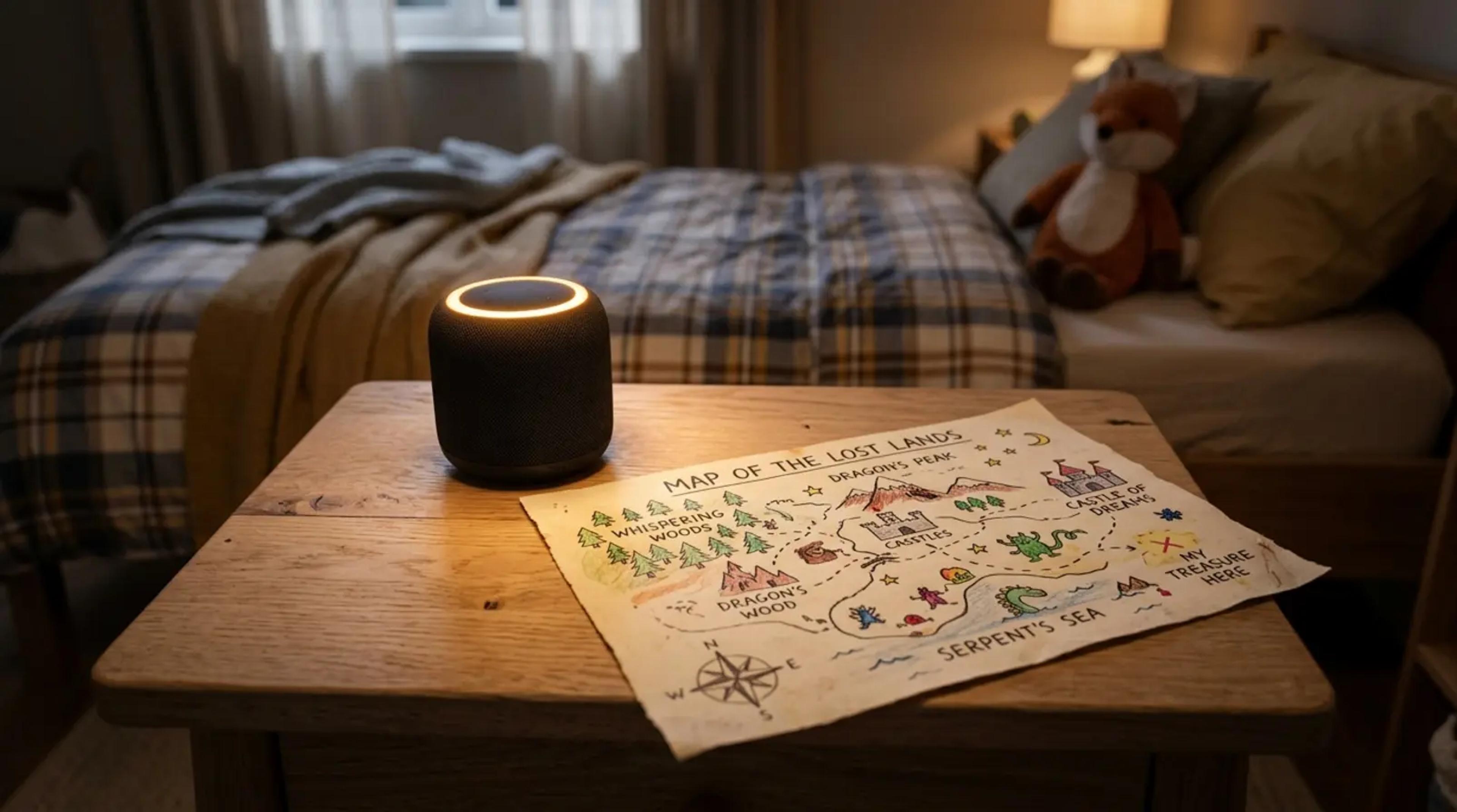 Ein minimalistischer Nachttisch aus Holz mit einem leuchtenden Lautsprecher und einer handgezeichneten Fantasiekarte eines Kindes.