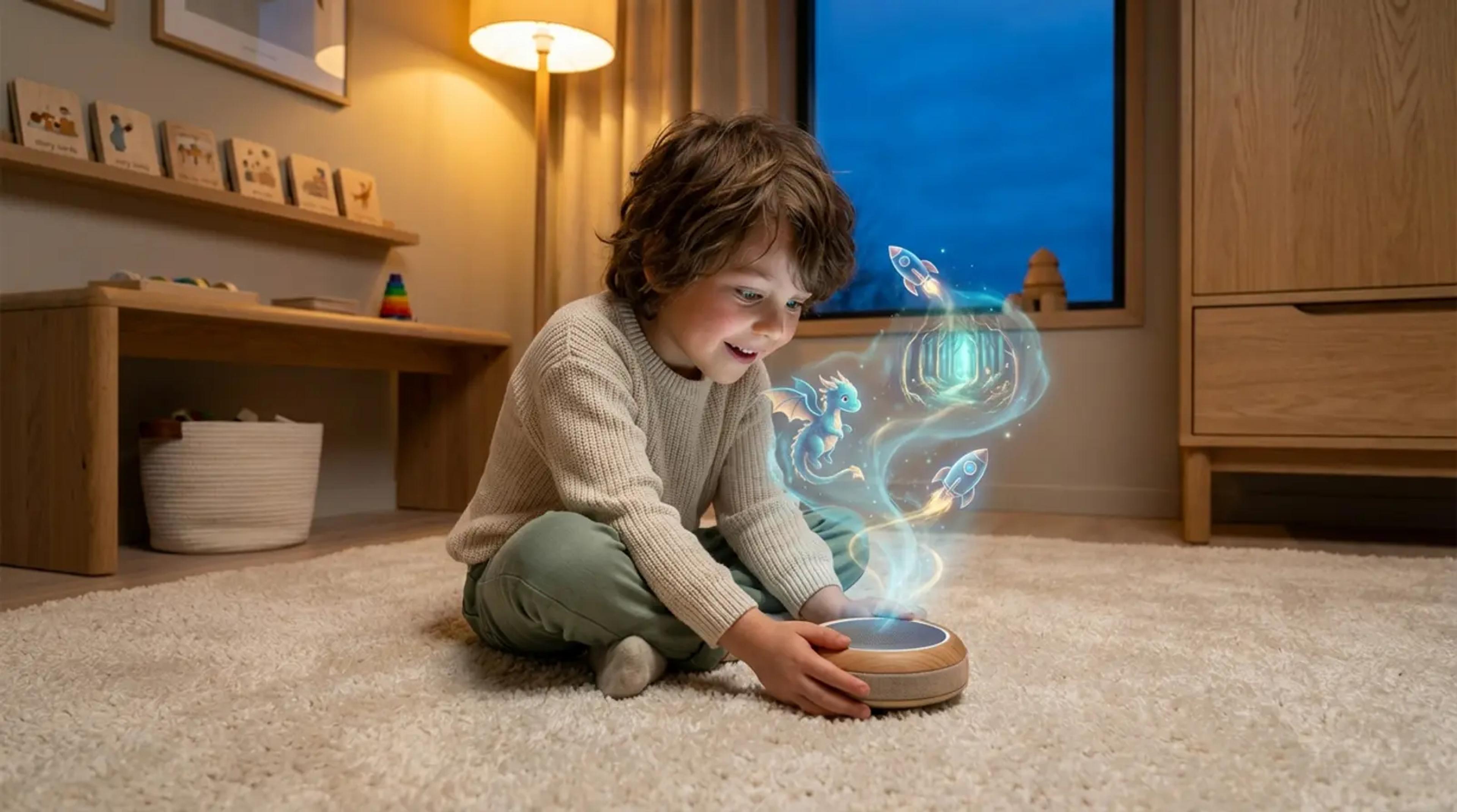 A young child sitting in a cozy, minimalist room, listening to a screen-free audio storyteller as magical, glowing story elements like a dragon and a rocket ship float in the air around them.