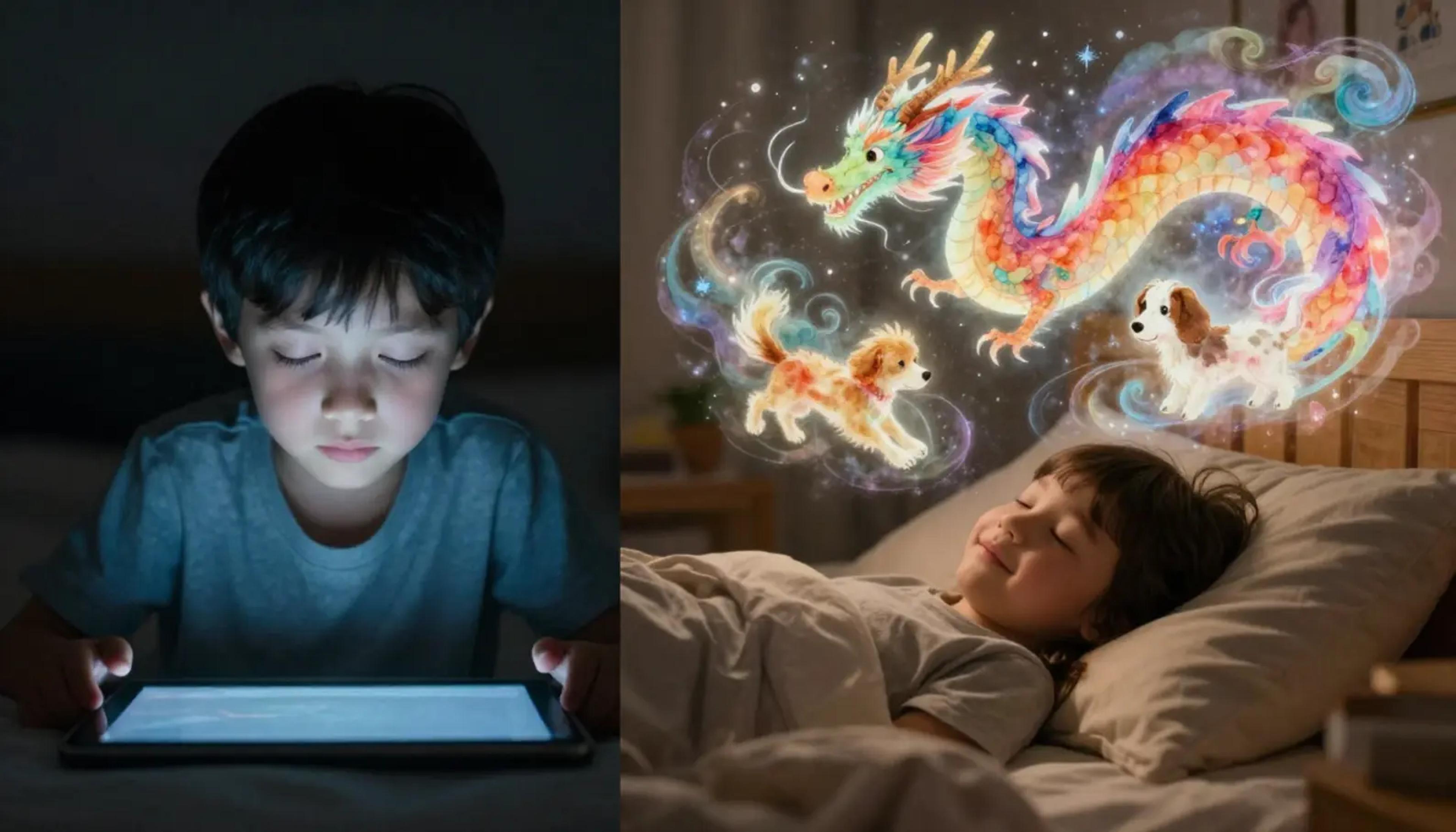A child lying in bed with eyes closed, imagining a magical world with their teddy bear, contrasted with a dim screen nearby.