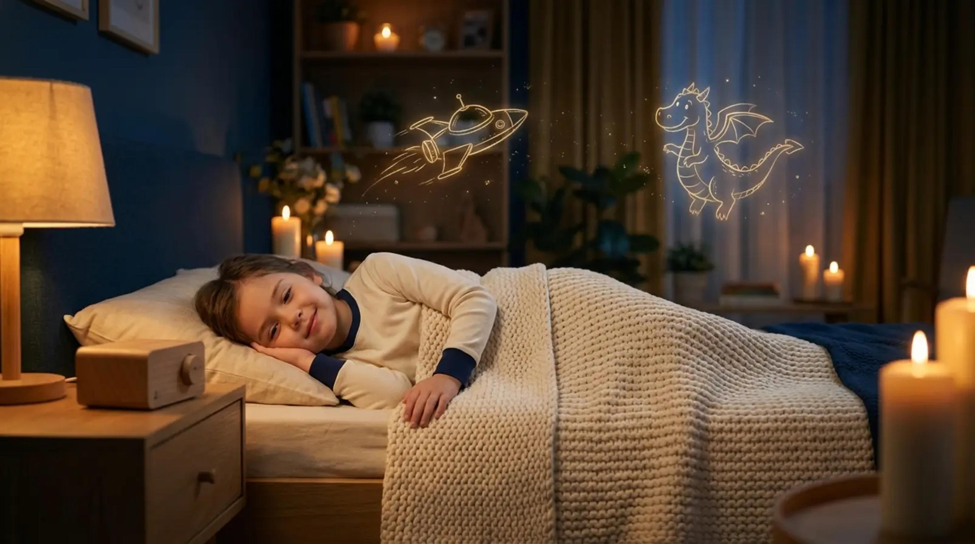 Ein kleines Kind liegt friedlich in einem gemütlichen, sanft beleuchteten Schlafzimmer und hört einer bildschirmfreien Audiogeschichte zu. Ätherisch leuchtende Umrisse eines Raumschiffs und eines Drachens schweben über ihm und symbolisieren Fantasie und Hyperfokus in einer reizarmen Umgebung.