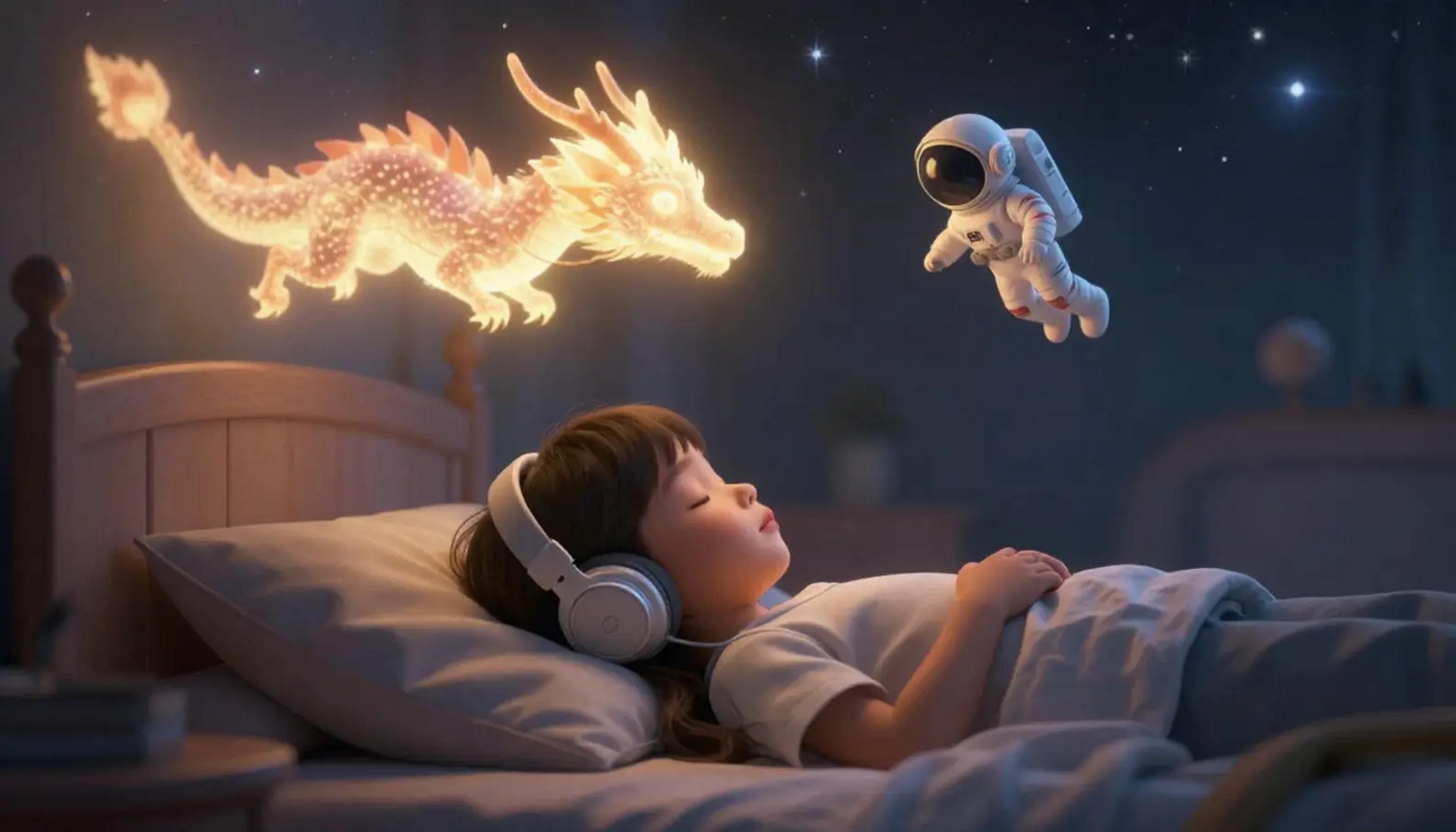 A neurodivergent child lying peacefully in bed listening to a screen-free audio device, glowing with soft warm light.