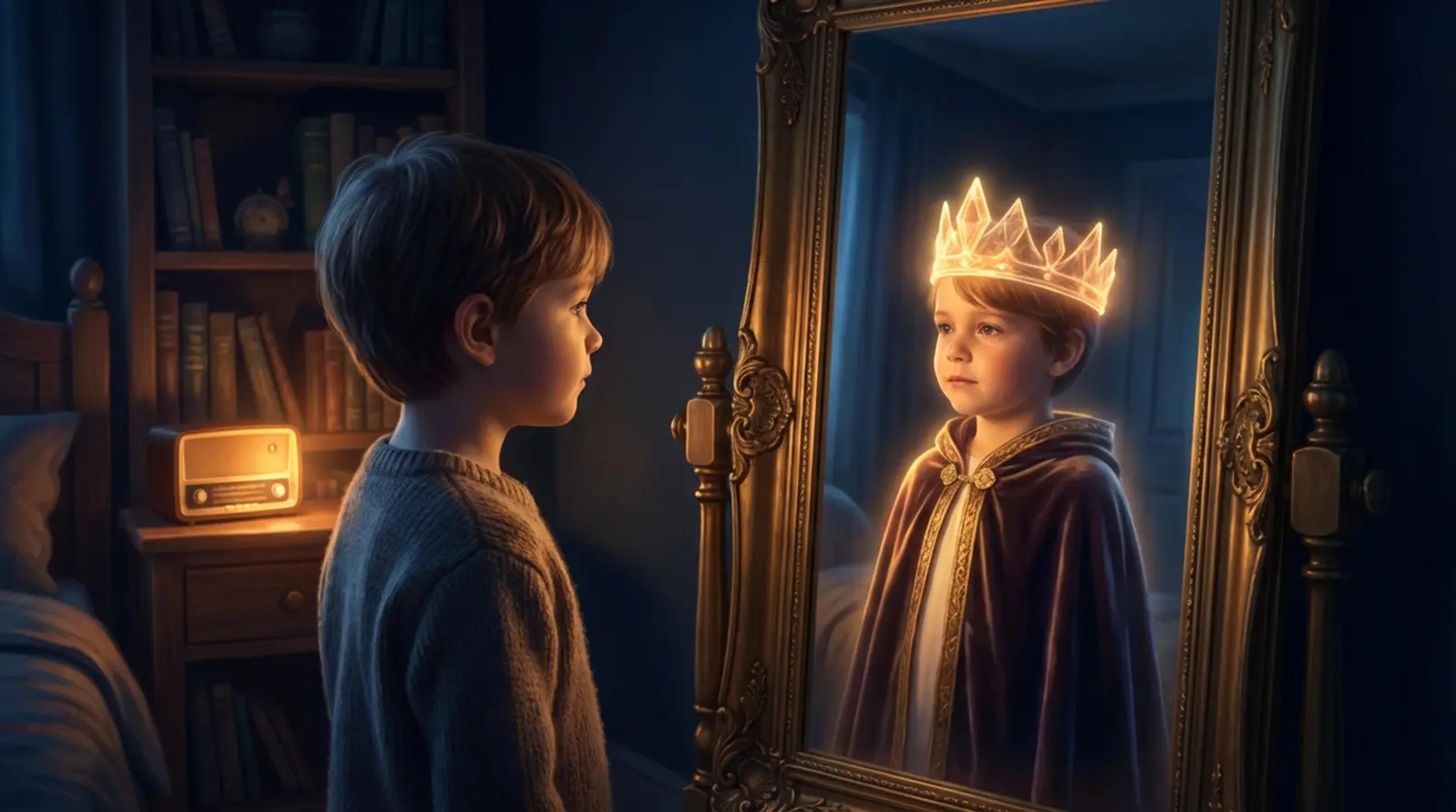 A young child looking into a mirror seeing a heroic version of themselves wearing a glowing cape, symbolizing internalized values.