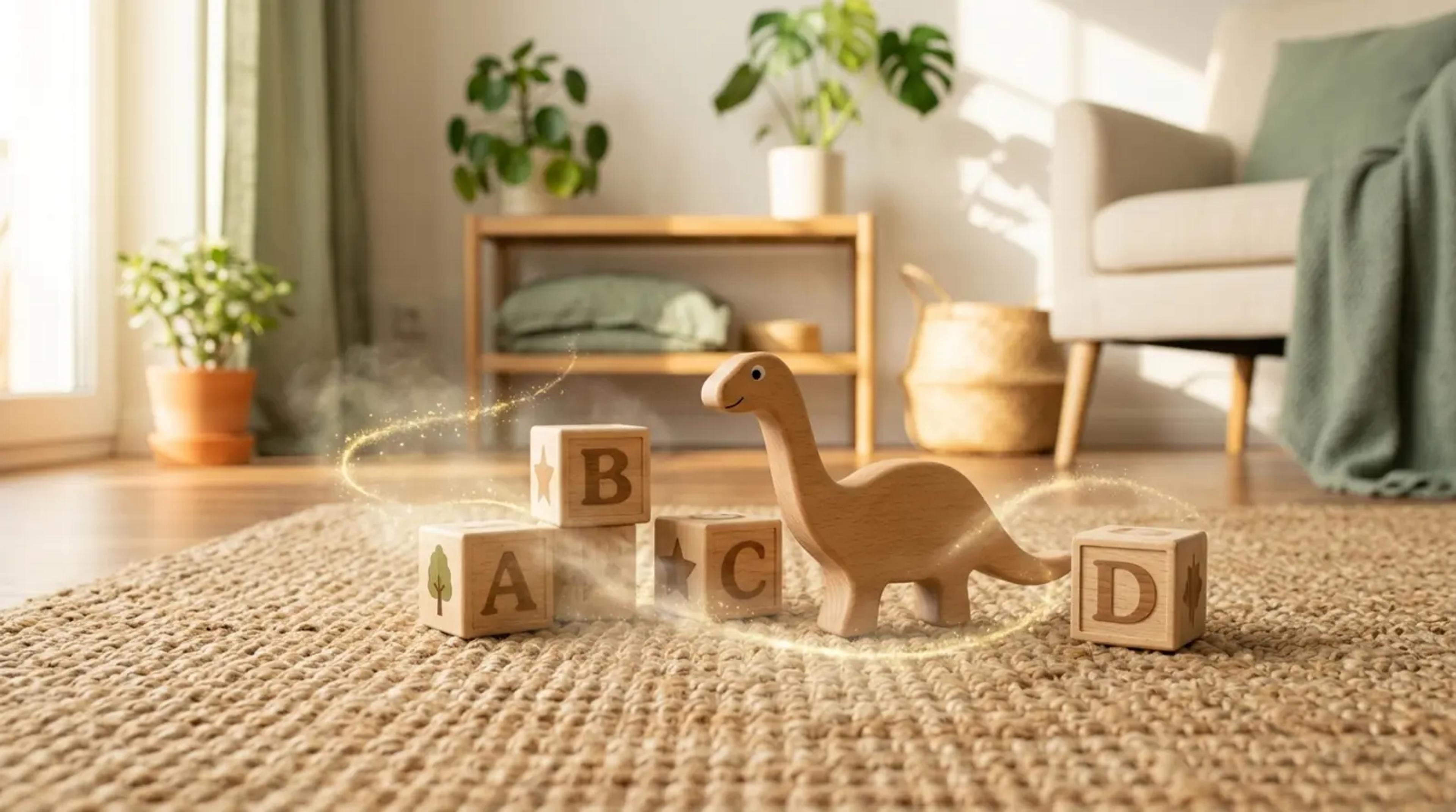 A minimalist living room with a few wooden toys on a rug, illuminated by a soft magical glow symbolizing storytelling.